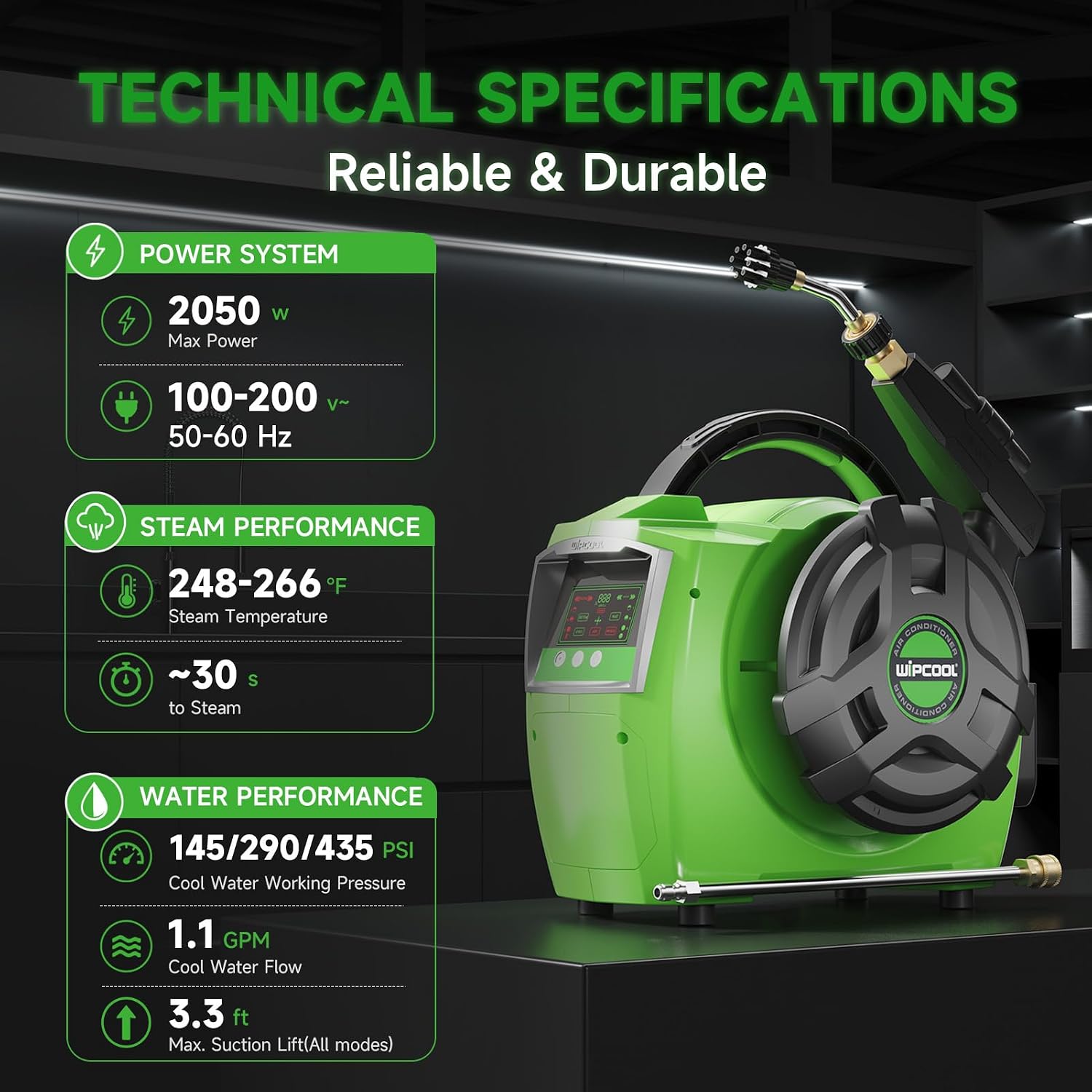 WIPCOOL C35S 2050W Professional Steam Cleaner for HVAC Coil Cleaning, 30s Heat-Up, Up to 248–266°F Steam, 3 Selectable Pressure (145/290 / 435 PSI), 5 Cleaning Modes, LCD Display Voice Prompts