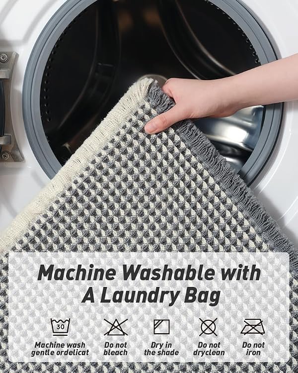 Upgraded Waffle Runner Rug Super Absorbent Non Slip Bath Mats for Bathroom Washable Bathroom Runner Rug with Tassels, Ideal for Hallway Bedroom Laundry Room, Dark Grey & Cream, 2' x 5'(24" x 60") by AMOAMI - Image 5