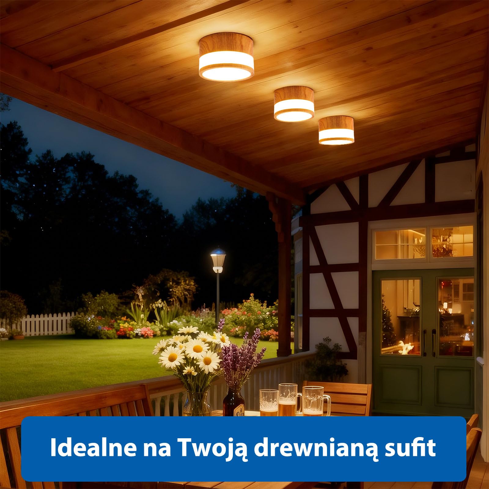 4 szt Reflektor Natynkowy w Stylu Drewna IP44 Wodoodporna, Do Łazienki, Kuchni, Salonu i Holu, LED Ciepła Biel 3000K, 12W 1100LM, Oświetlenie 230V dla Pomieszczeń Wilgotnych