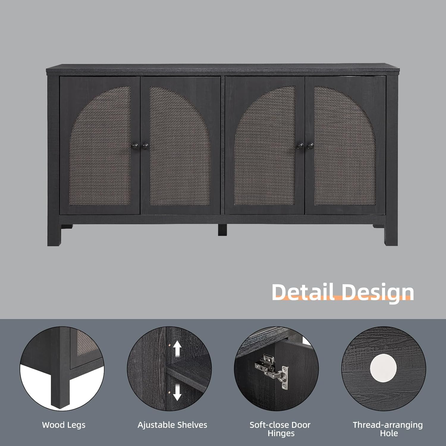 Okvnbjk Sideboard Buffet Cabinet with Storage, 60inch Kitchen Buffet Table with Soft Closing Door Hinges, Rattan Coffee Bar Cabinet for Living Room, Dining Room, Black