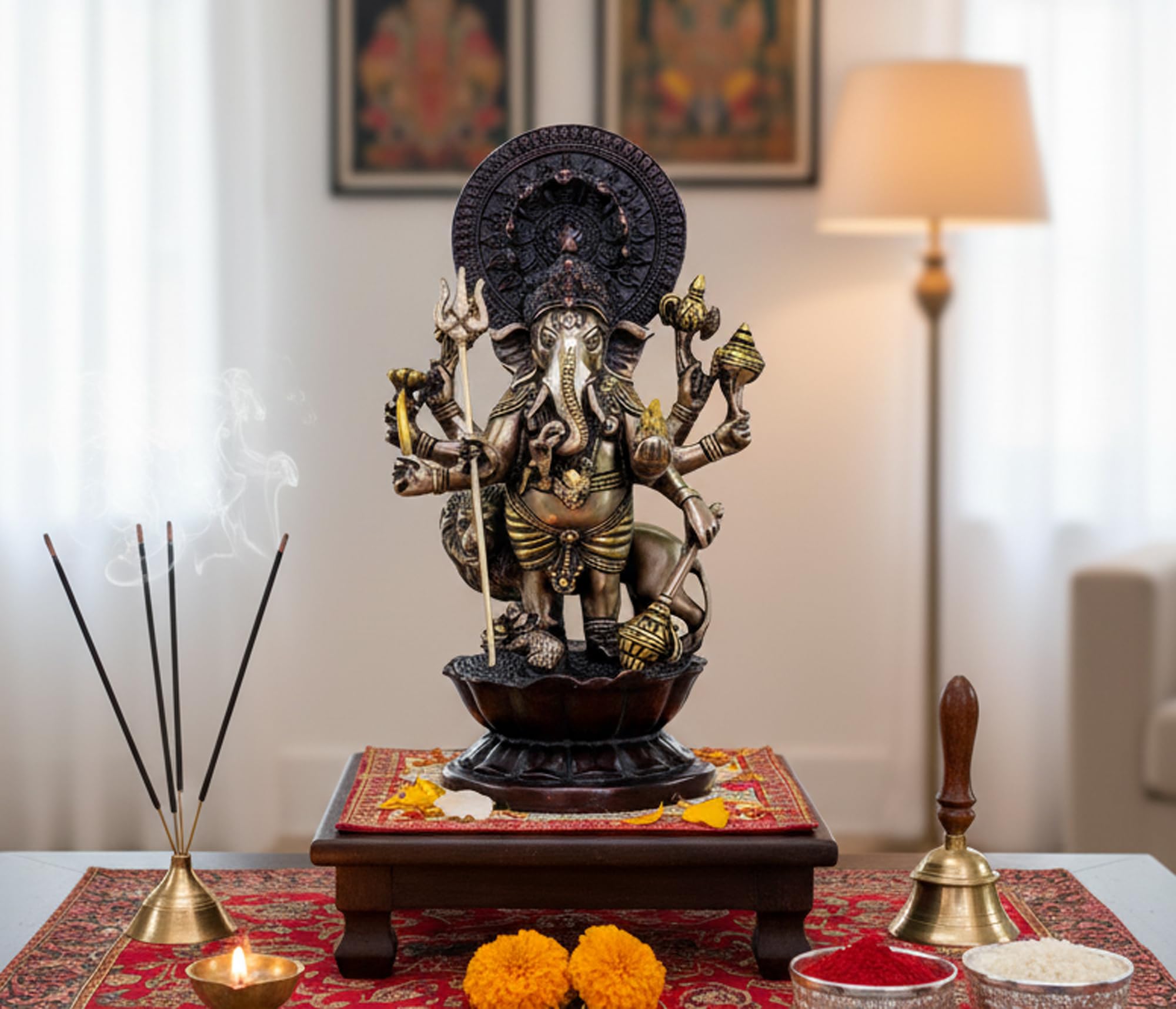 Esplanade Brass Heramba Ganapati Statue | Ganesh Ganesha Ganapathi Murti Idol Statue Sculpture | Home Decor | Black-Golden - 11.75" Inches