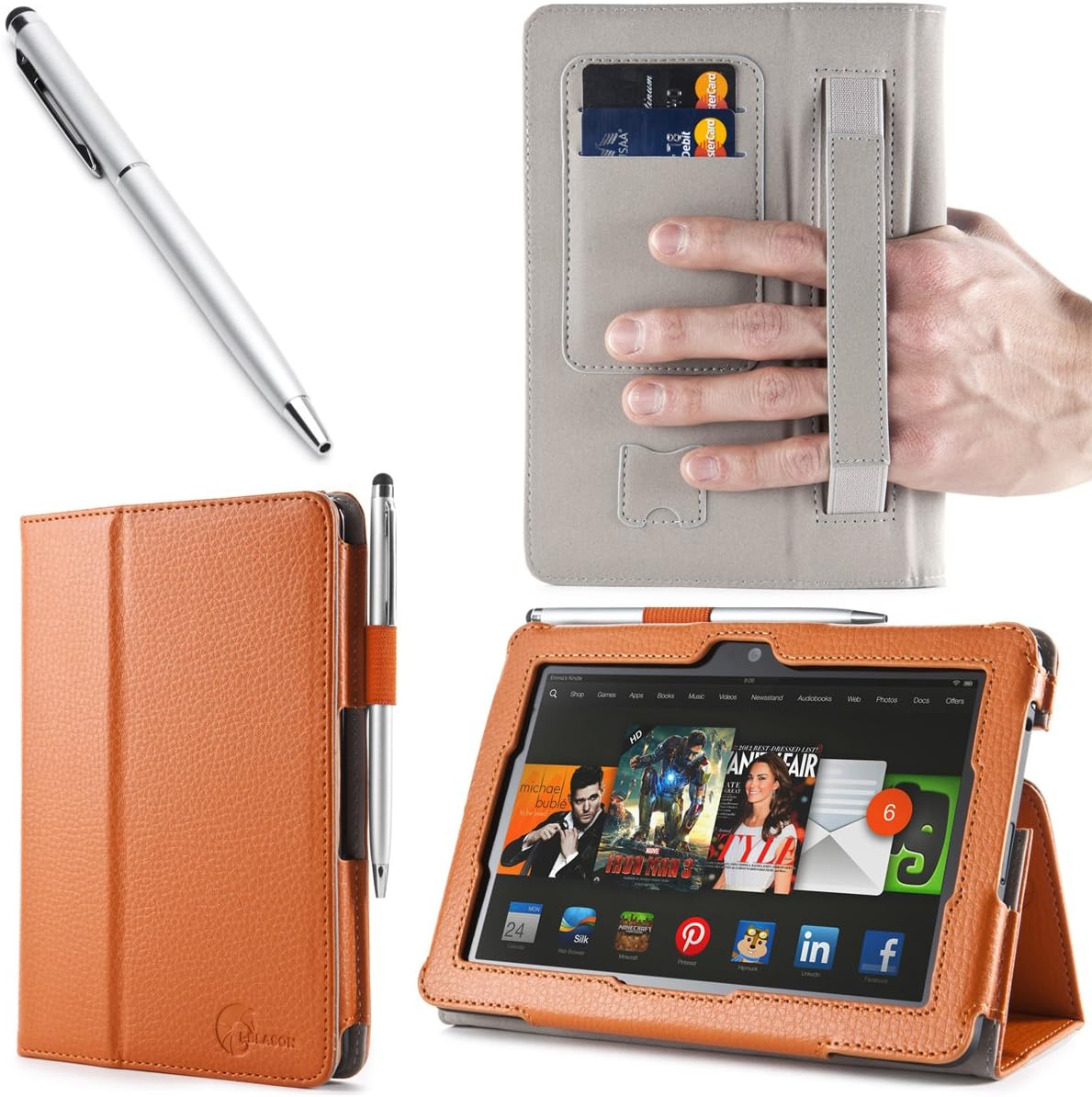 i-BLASON Kindle Fire HDX 8.9 inch Tablet Leather Case Cover/Elastic Hand Strap/Stylus/ID Holder (Not Compatible with Kindle Fire HD 8.9 2012) One Year Warranty (Orange)