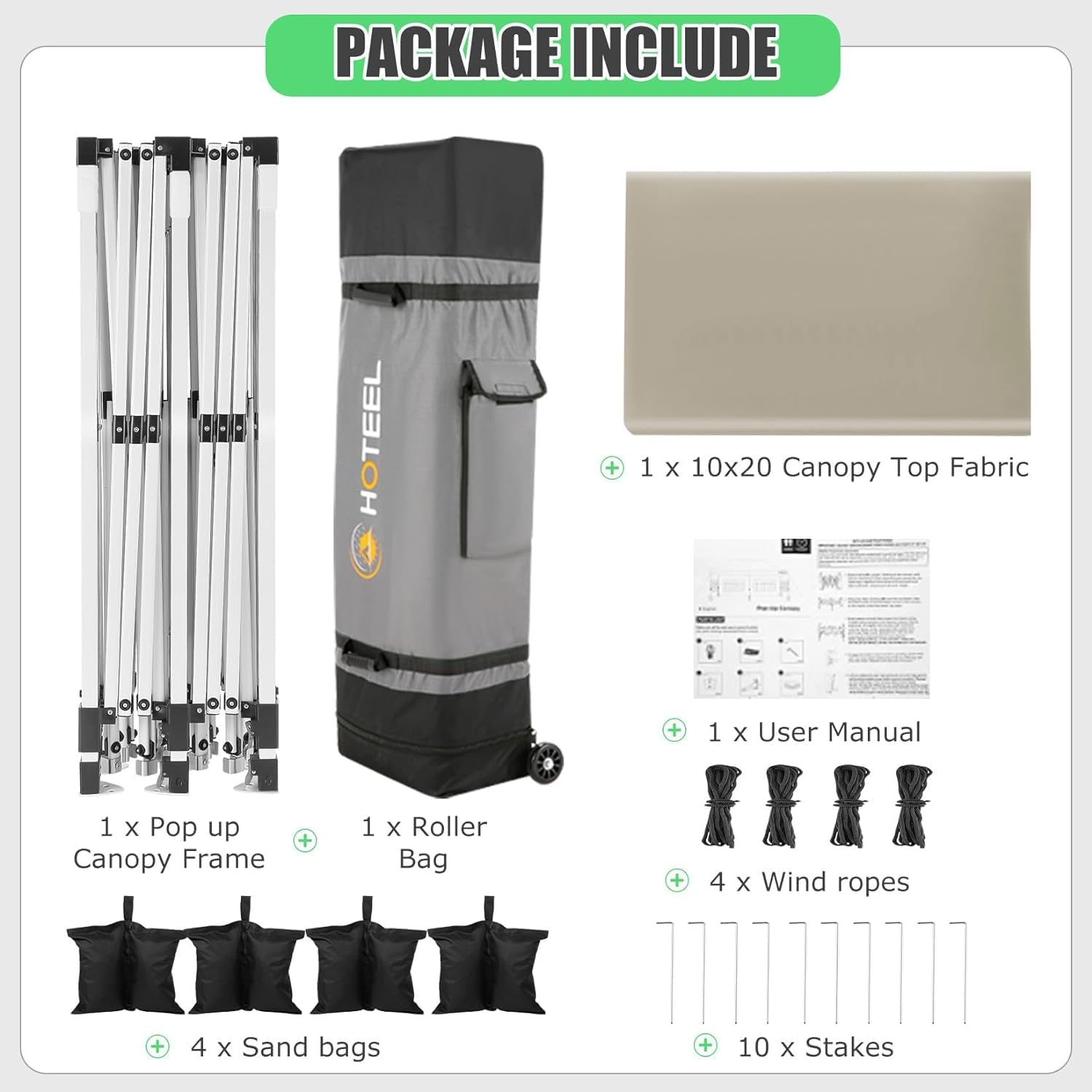 HOTEEL 10x20 Pop up Canopy Tent Without Sidewall Easy Up Commercial Outdoor Wedding Party Tents for Parties All Season Wind & Waterproof Gazebo Roller Bag, Khaki