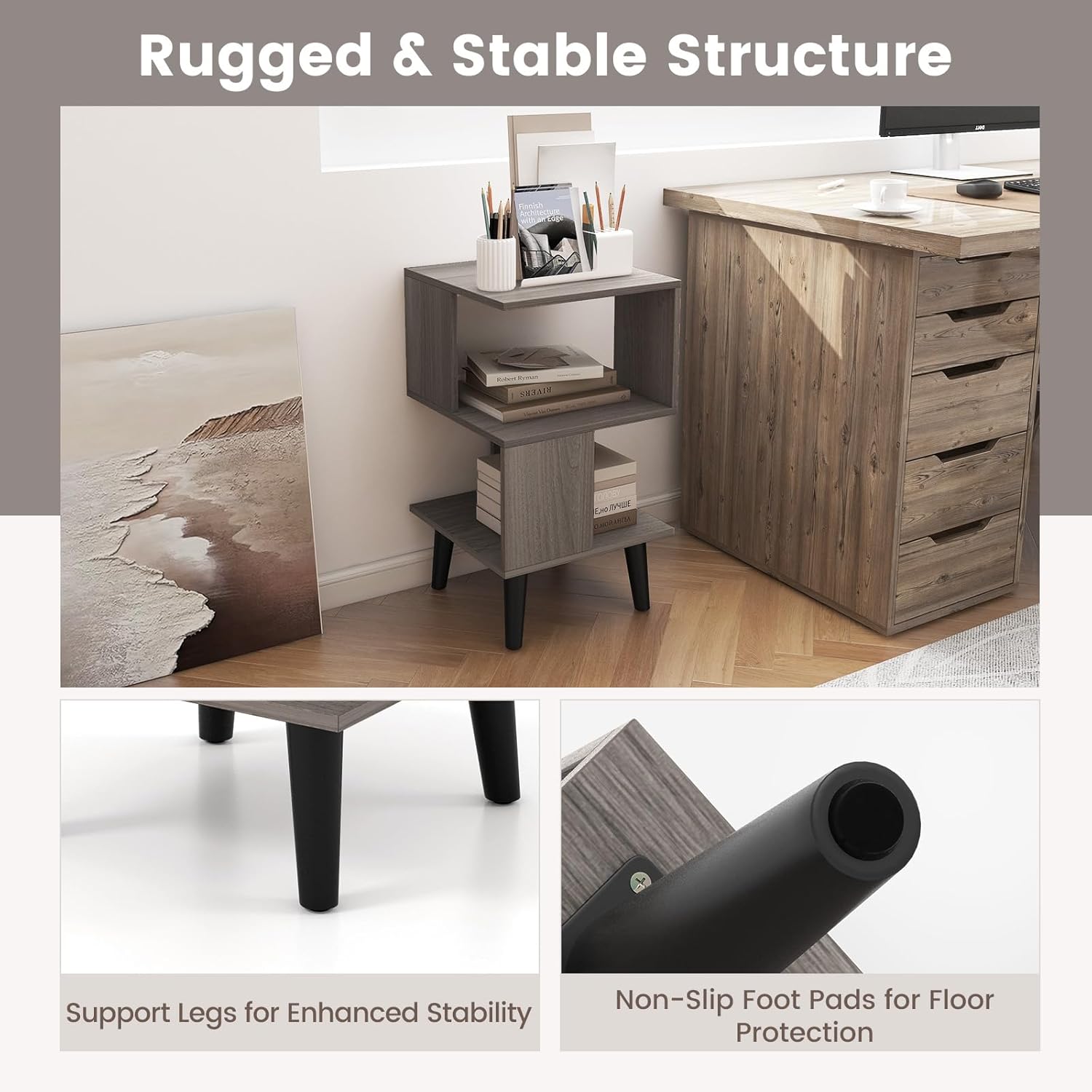 Small Bookshelf Set of 2, Wood Bookcase with 2 Shelf Storage, Modern Side Table with Shelves, Bookshelves for Small Spaces, Geometric Book Shelf for Bedroom, Living Room, Home Office