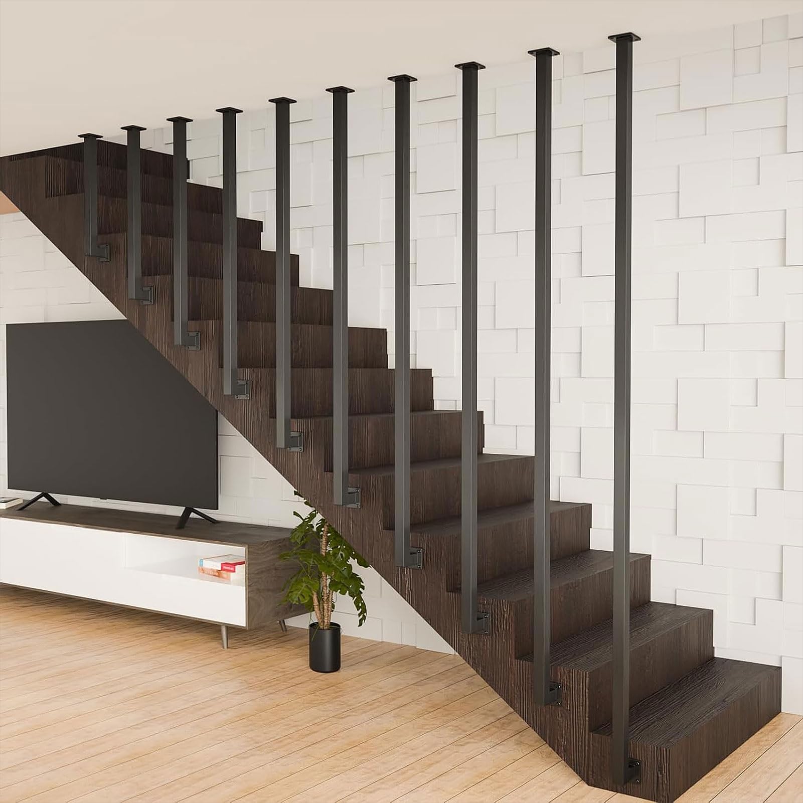 Garde-corps d'escalier en L noir mat main courante en fer forgé pour loft