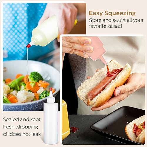 Miniatura 4 de Jinei Paquete de 60 botellas de plástico de 8 onzas, botellas transparentes para exprimir condimentos con tapa de punta roja, recipiente vacío para