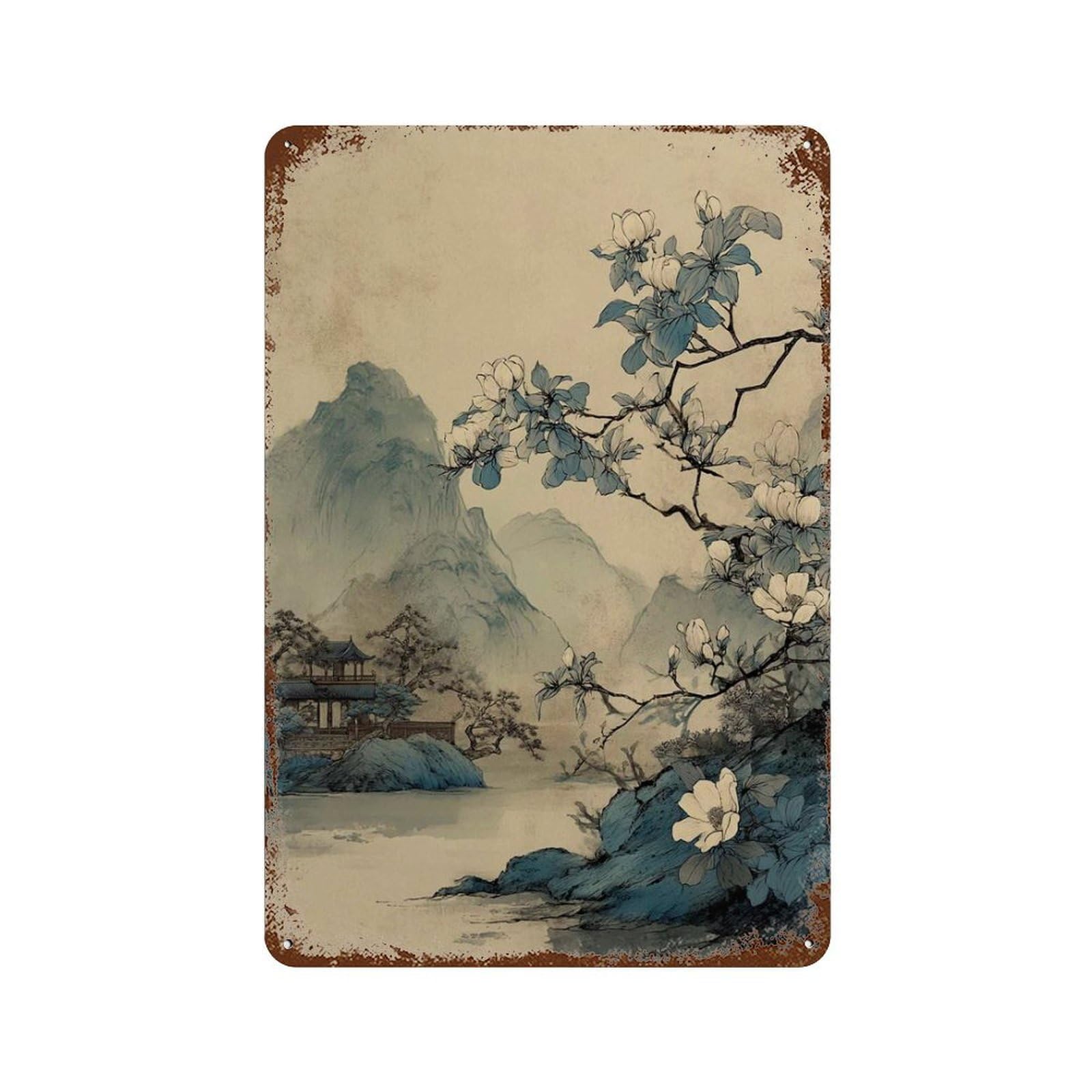 xiaoxiaoshen Chinese Landscape Mountain Magnolia Tree Traditional Asian Painting Tranquil Nat Wall Decor Art Metal Tin Poster Modern Home Decor Art Home Bar Shop Decorations Vintage Sign 30x20cm