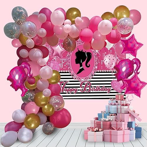 97 piezas de decoración de fiesta de cumpleaños de princesa para niñas, telón de fondo de 7 x 5 pies, kit de arco de globos de color rosa intenso y