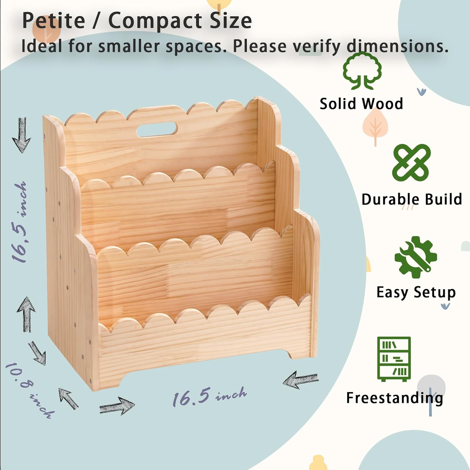 Kids Bookshelf Storage 3-Tier, Book Case for Kids Rooms, Scalloped Wooden Montessori Bookcase for Toddlers & Baby, Small Nursery & Classroom Book Shelves, Solid Wood Organizer - Image 3