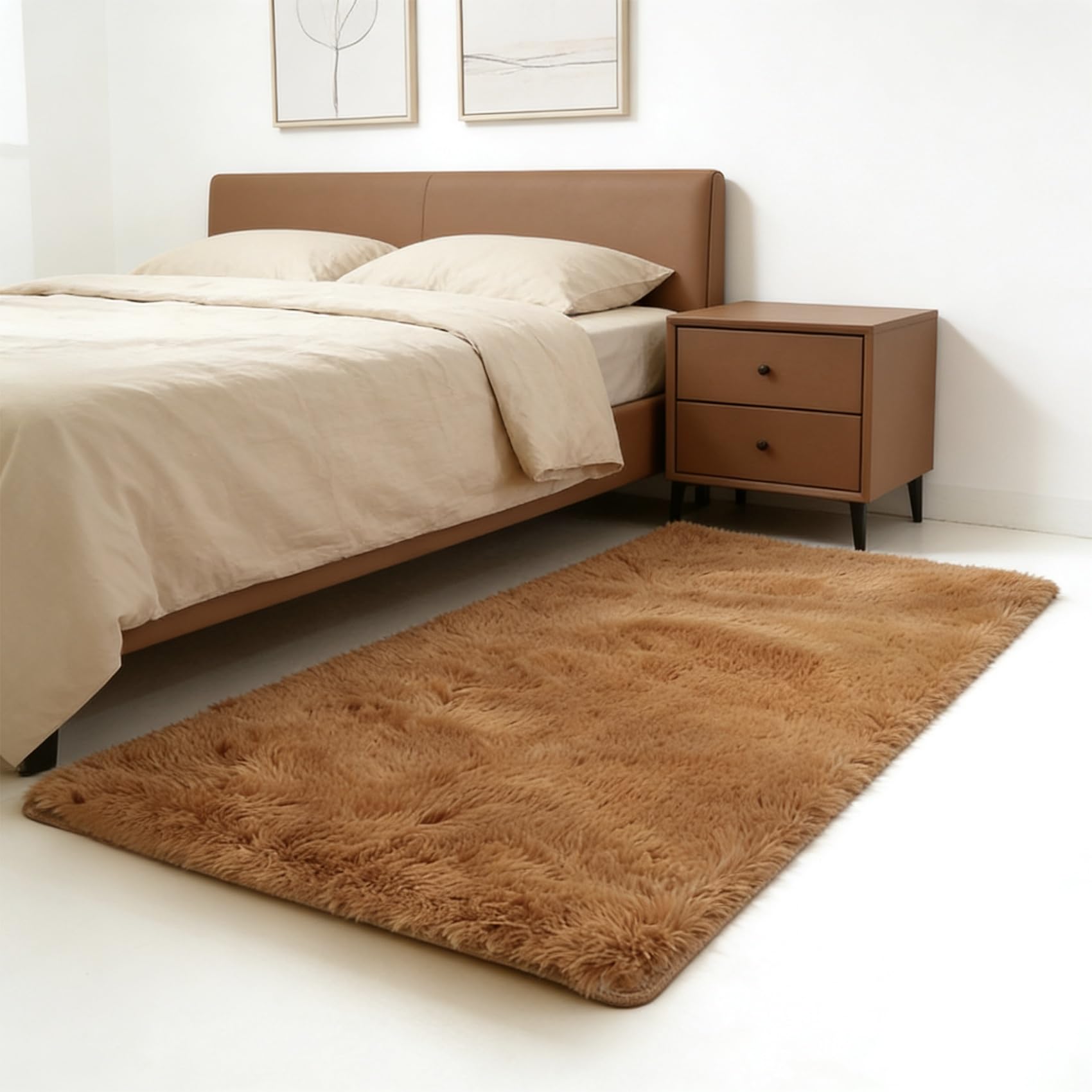 Tapis de salon moelleux 91x130 marron avec dossier antidérapant sécurisé
