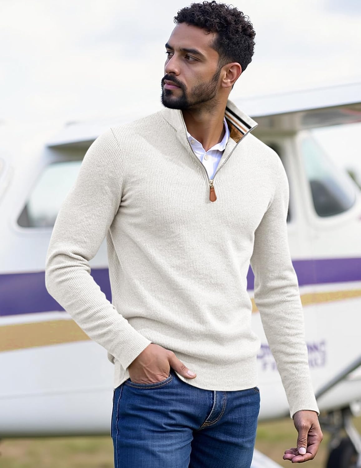 JMIERR Mens Quarter Zip Pullover Sweaters Casual Long Sleeve Fall Knit Texture Sweater