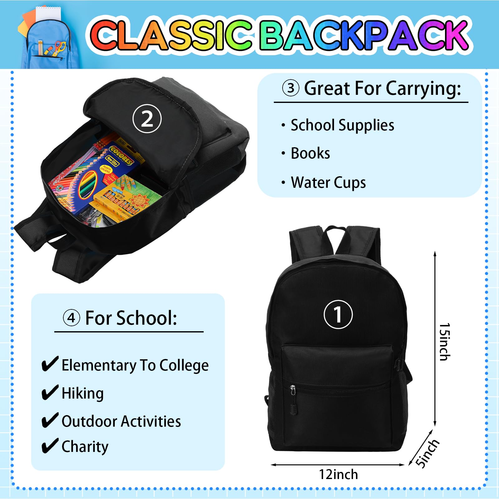 Gilprop 86-teiliges Schulbedarf-Set mit Rucksack, Schulbedarf, Taschen-Set, Grundausstattung für Kinder, Studenten, Mädchen, Jungen, Klassenzimmer, Schule (schwarz)