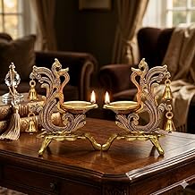 Saudeep India Oxidized Metal Diya for Puja | Brass Oil Diwali Lamp in Peacock Design Perfect Gift Item | Antique Decorative Akhand Diya Home Decor Temple Pooja Room 14x9x20cm (Pair Export Quality)
