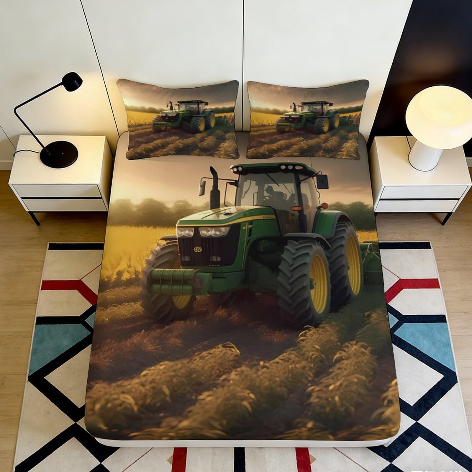 3D Printed Green Tractor Fitted Sheet Microfiber Soft Farm Scene Bed Cover for Bedroom Dorm Mattress Protection Decor 90x200x25cm