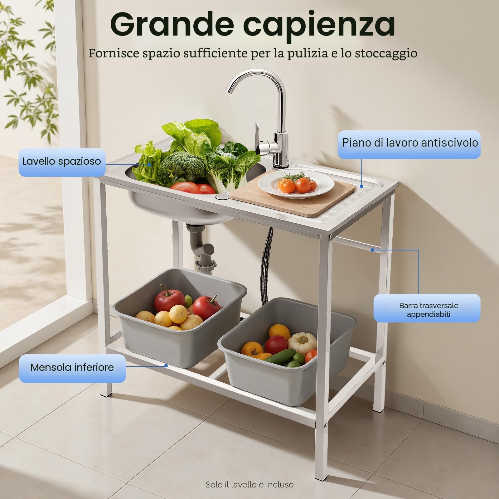 Lavello autoportante in acciaio inox, lavandino portatile con vasca e rubinetto, lavello da cucina commerciale, 75 x 40 x 76 cm, grande lavello di servizio autoportante per esterni e interni