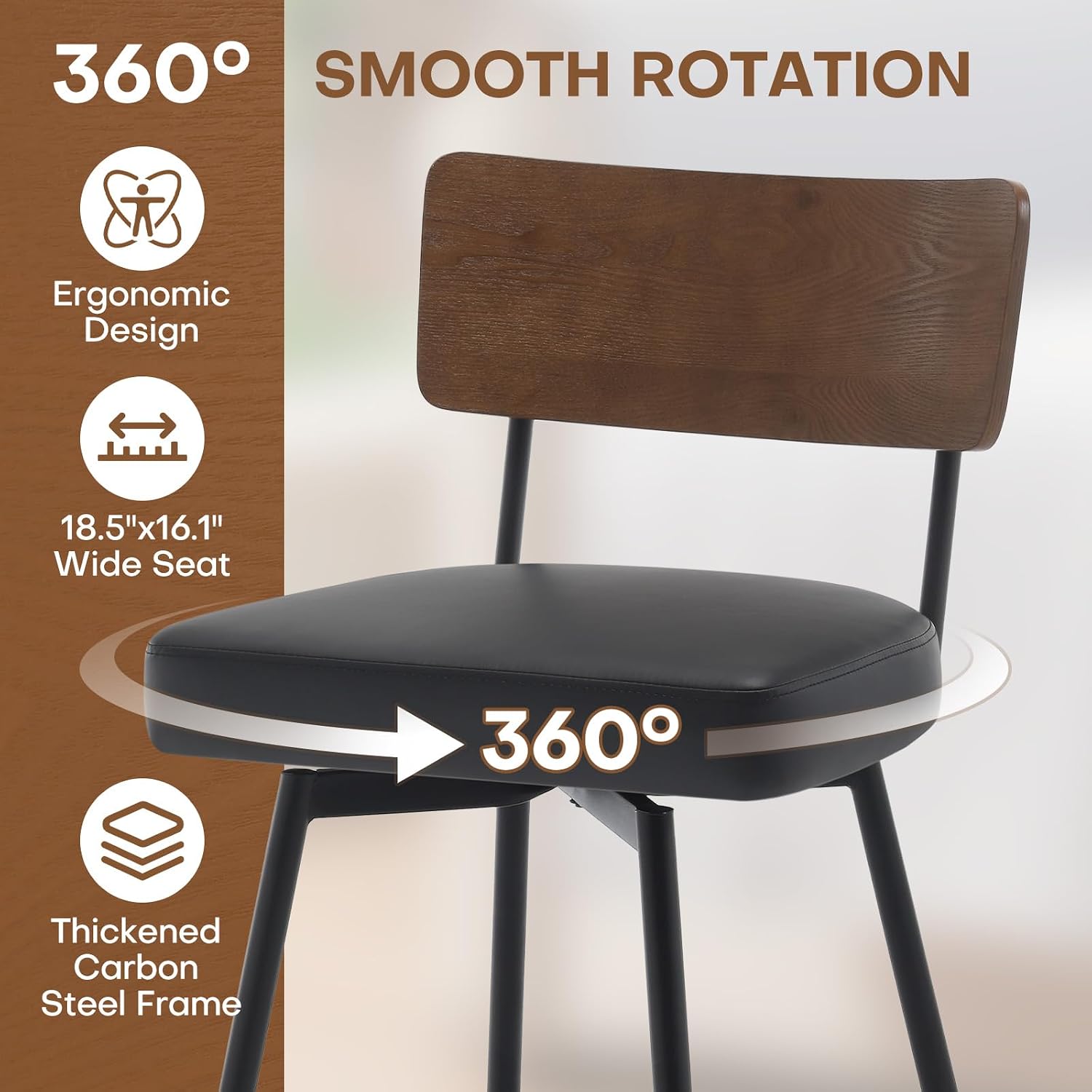 Swivel Bar Stools Set of 2, 26" Counter Height Stools with Wood Back, Faux Leather Upholstered Barstools with Metal Legs, Mid Century Modern Counter Stools for Kitchen Island, Black