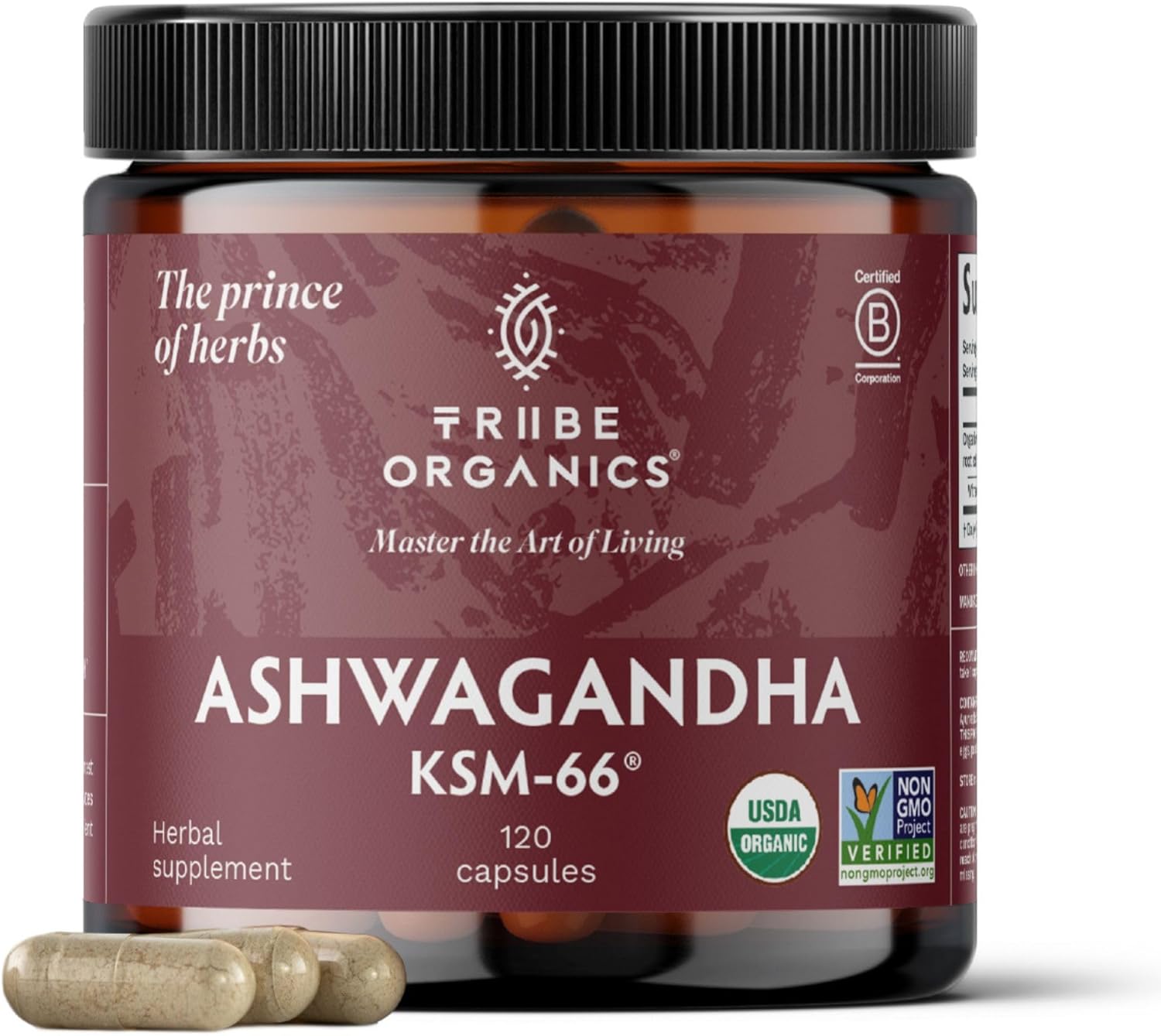 TRIBE ORGANICS Ashwagandha KSM 66 Pure Organic Root Powder Extract Ayurvedic Supplement – Focus, Mood Support, Increase Energy, Strength, 600mg of Natural KSM66 for Superior Absorption – 120 Capsules