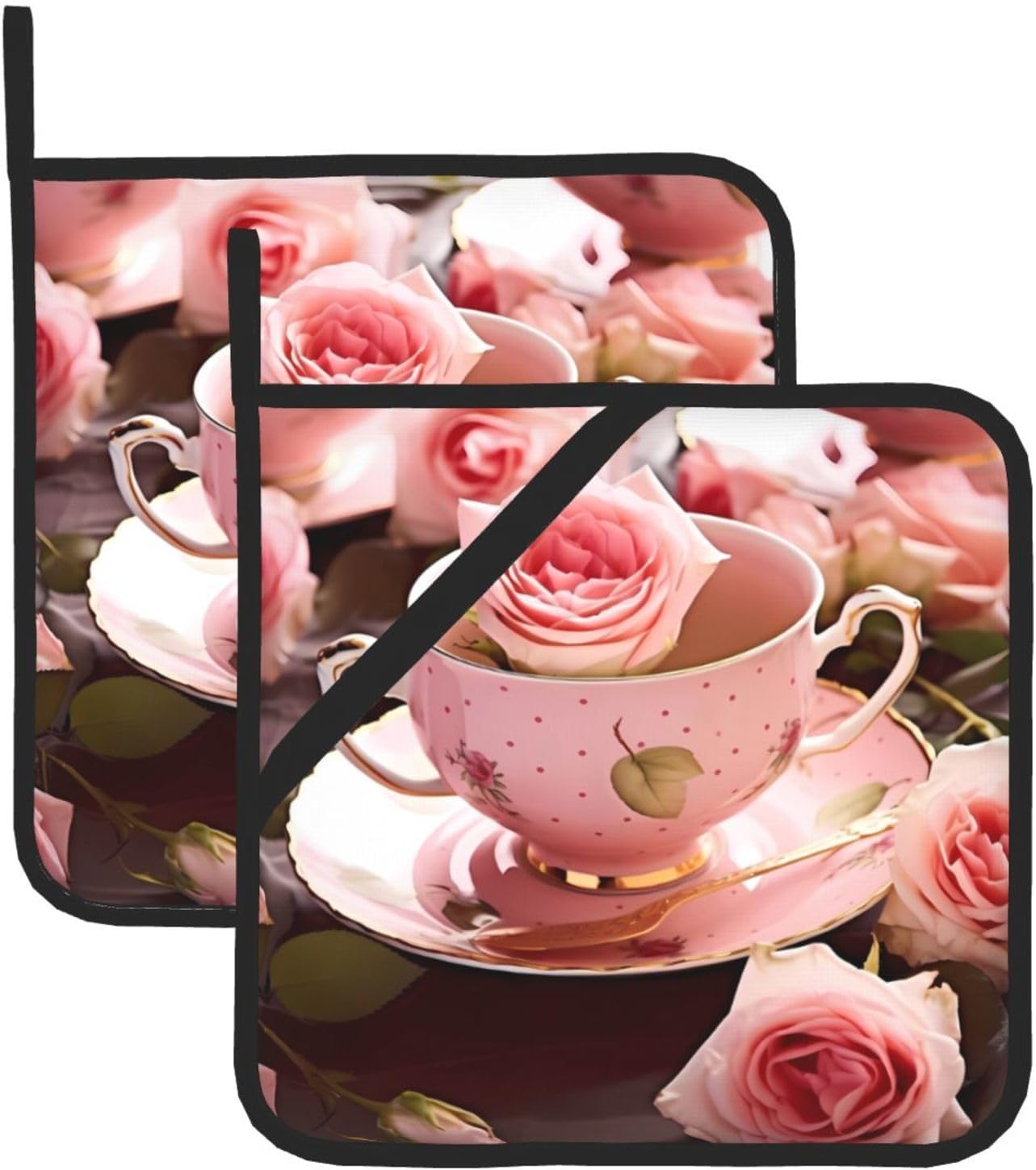 Tea Cups with Roses Romantic Shabby Large 8x8 in Pot Holders Sets Heat Resistant Potholders Hot Pads Kitchen,Non-Slip BBQ for Kitchen,Cooking,Baking,Grilling