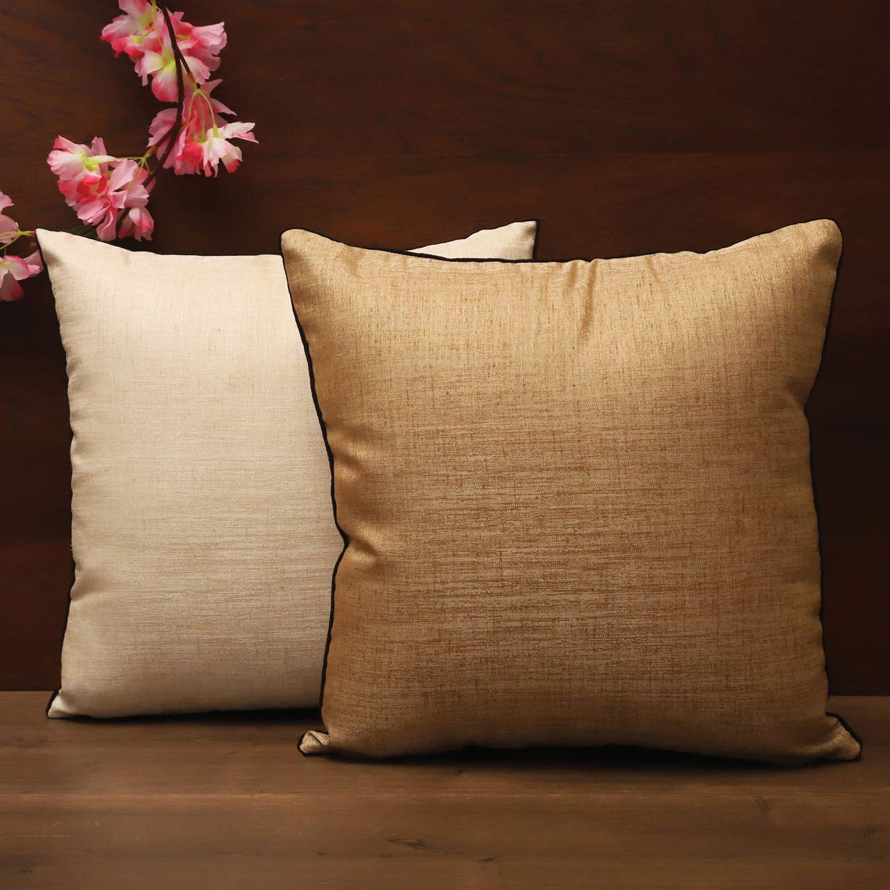 SEEVO Handmade Decorative Throw/Pillow Cushion Cover for Sofa Home Bedroom - 16 inch x 16 inch - Set of 2(Cream & Light Gold)