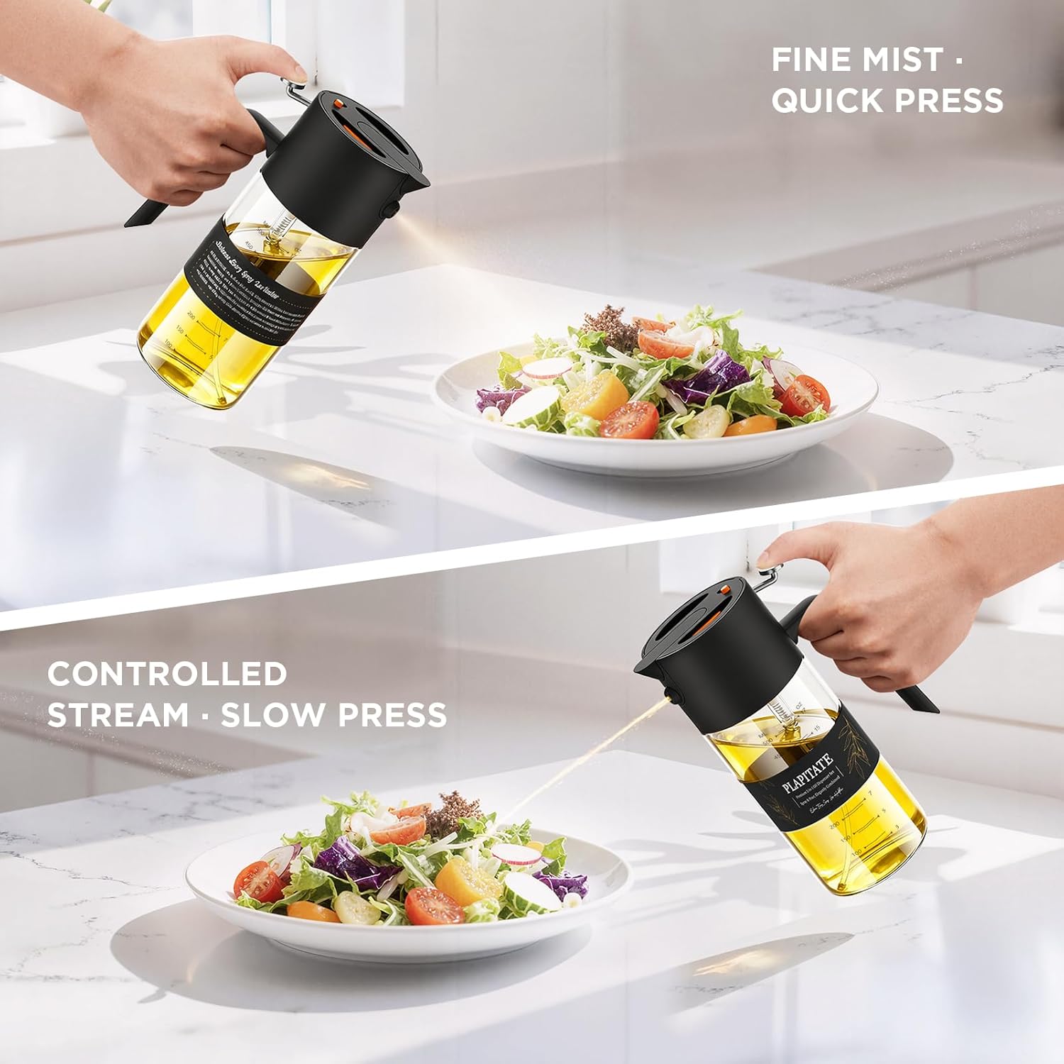 2Pcs 17oz Premium Olive Oil Sprayer for Cooking, 2 in 1 Glass Olive Oil Dispenser Bottle for Kitchen Gadgets, Spray Bottle with Portion Control for Salad, Frying, BBQ (Black & Lime Yellow)