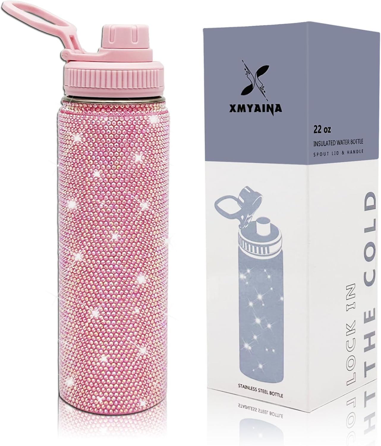 22oz Stainless Steel Bling Crystal Water Bottle Rhinestone Vacuum Insulated Bottle with Spout Lid Reusable Double-Wall Glitter Sport Bottle Gift for Women Girl (Light Pink) - Image 2