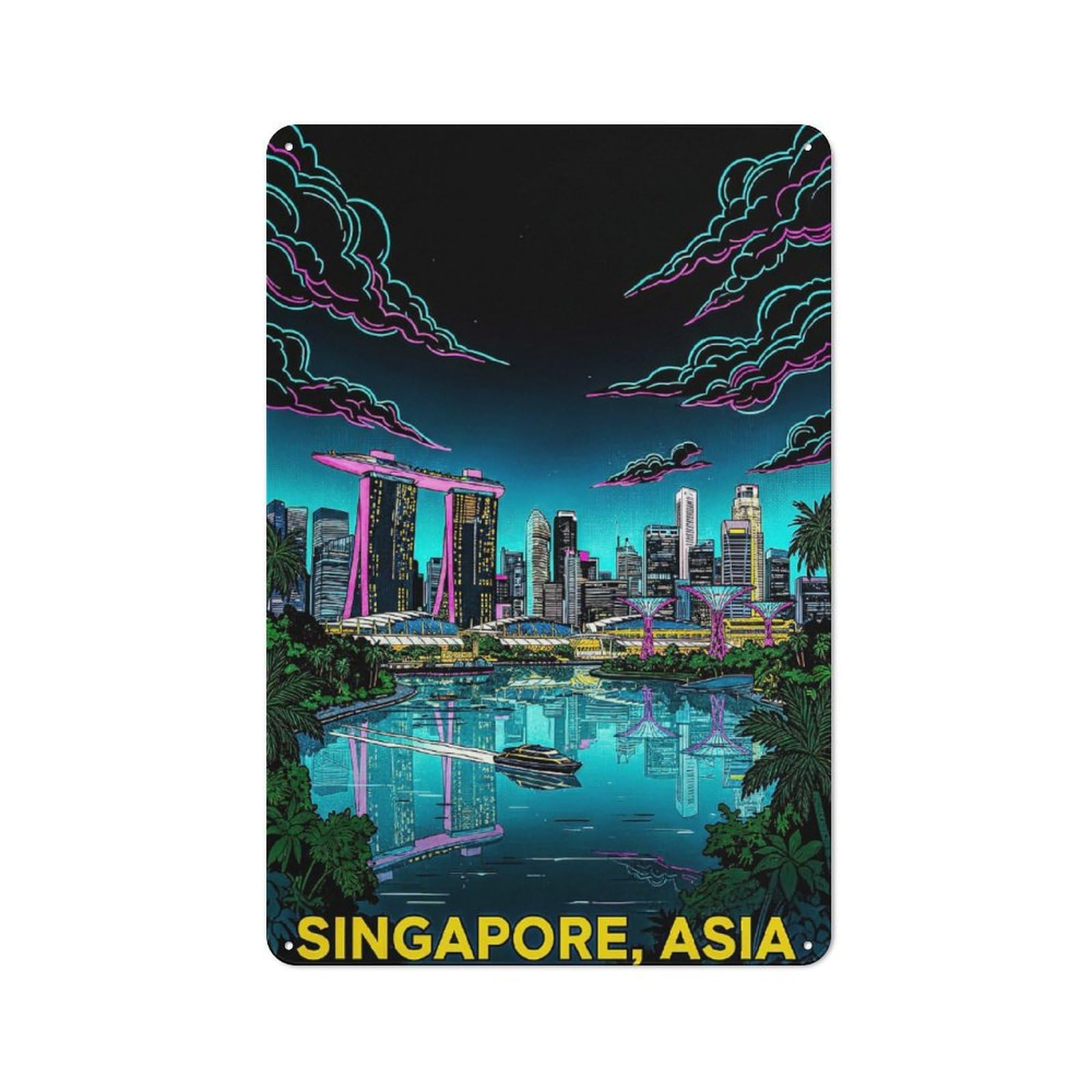 Junmoney Style-15 Metal Wall Plaque With Singapore Skyline At Night Design 30X20cm, Simple Retro Studio Wall Plaque For Hobby Room, Office, Lounge Or Living Room