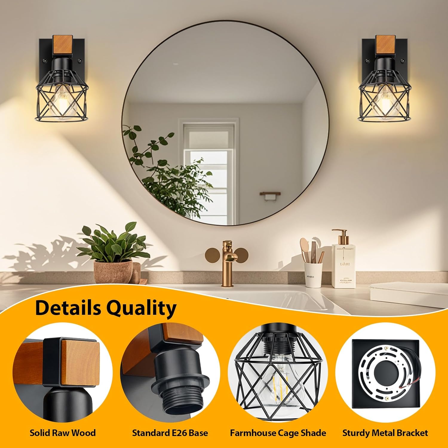 Wall Sconces Set of Two, Farmhouse 1-Light Matte Black Vanity Lights for Bathroom, Rustic Wooden Bedside Hardwired Wall Mounted Lamp with Metal Cage for Hallway, Living Room, Mirror, Kitchen