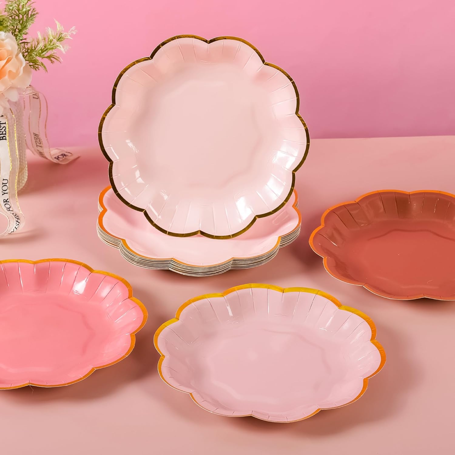 24 Pcs Dusty Pink Party Plates Gradient Color Dessert Paper Plate 7inch Gold Foil Scalloped Edge Disposable Cake Plates for Tea Party Birthday Bridal Baby Shower Wedding Party Supplies - Image 5