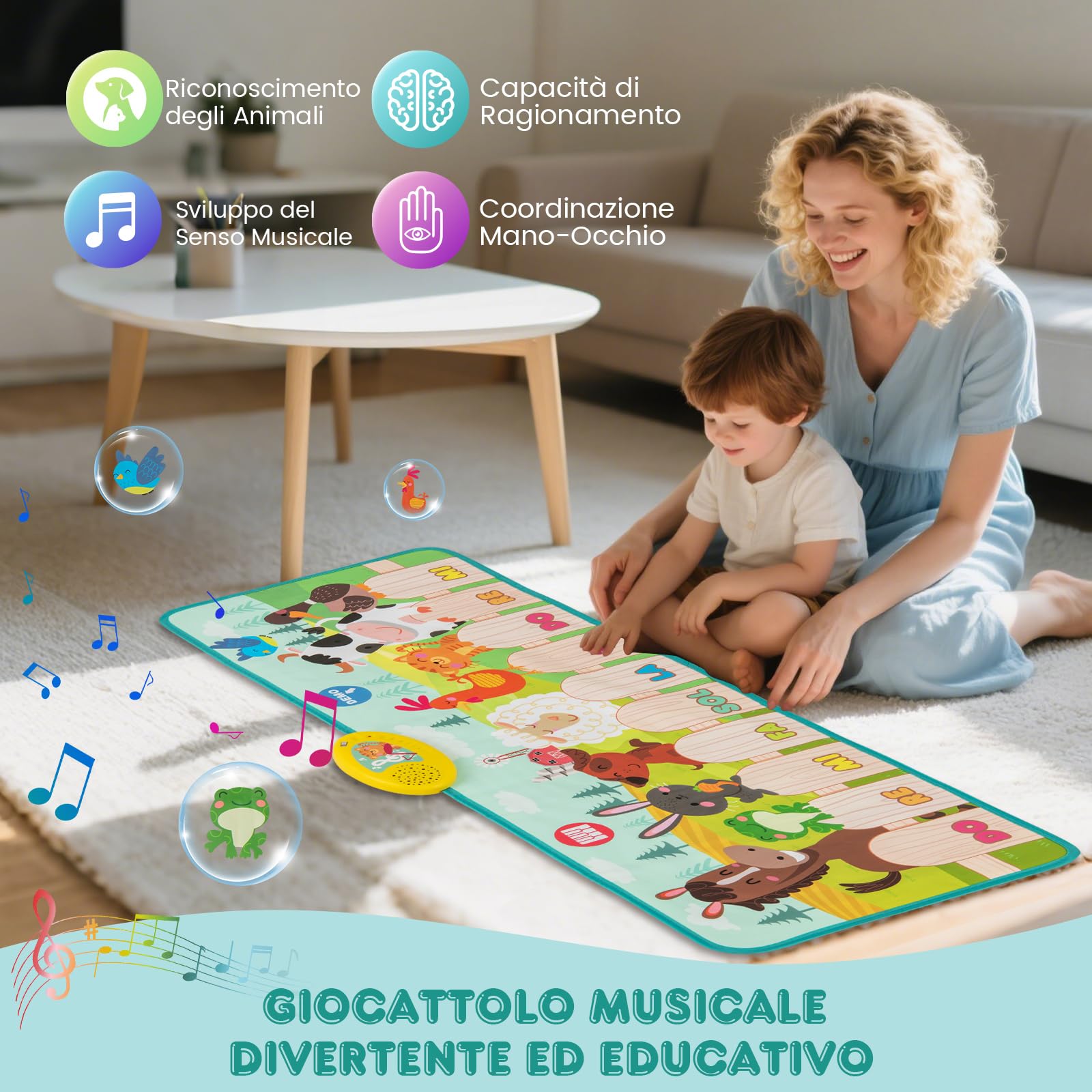 COSTWAY Tappeto Musicale, Tappetino per Pianoforte con 10 Animali, 10 Tasti e 10 Canzoni, Giochi Bambini 1 Anno, Regalo per Ragazzi