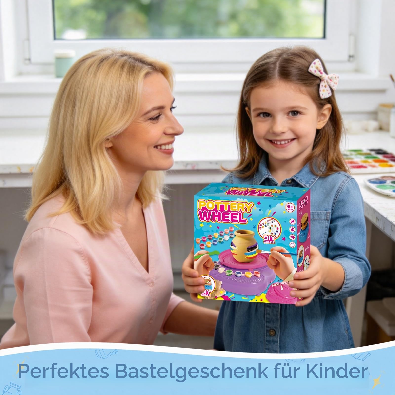Hzitcigm Töpferset für Kinder, Töpferscheibe & lufttrocknender Ton, 6-12 J | Ohne Brennofen – härtet luftgetrocknet. Komplettset: 12 Farben & Werkzeug, BPA-frei. Geschenk für Mädchen & Jungen, 6-12 J