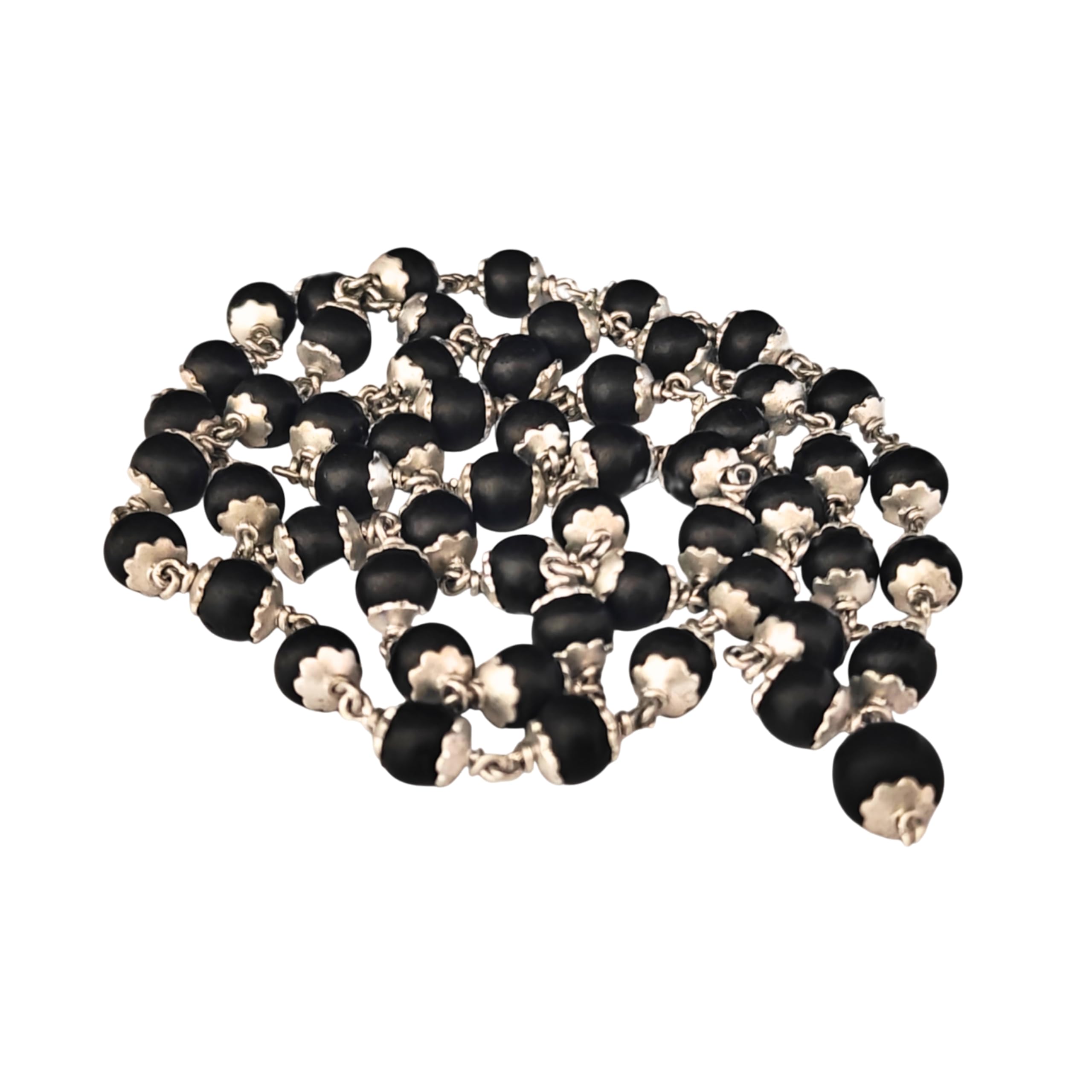 Anciently Karungali Malai Silver Plated Original 6mm | Karungali Malai Silver Plated 6mm 54 Beads, Ebony Wood, 1 Piece