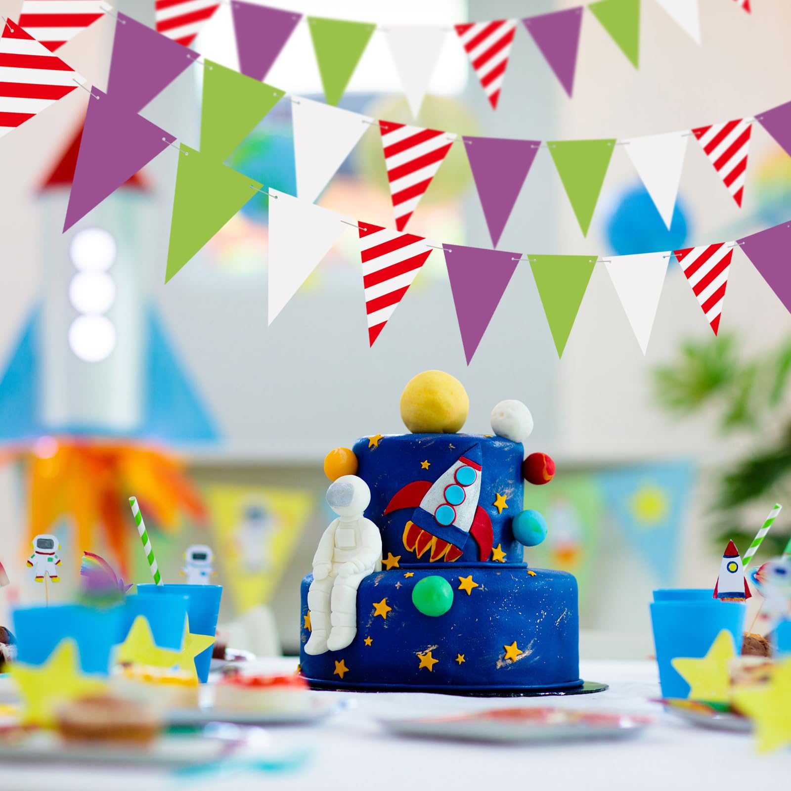 SmoothNovelty 5 Stück Cartoon-Licht-Spielzeug-Themenparty-Dekorationen, Banner | Dreieckige Wimpelflagge mit Spielzeugthema, grün, lila, weiß, für Spiel 1., 2., 3., 4., 10. Geburtstag, Partyzubehör