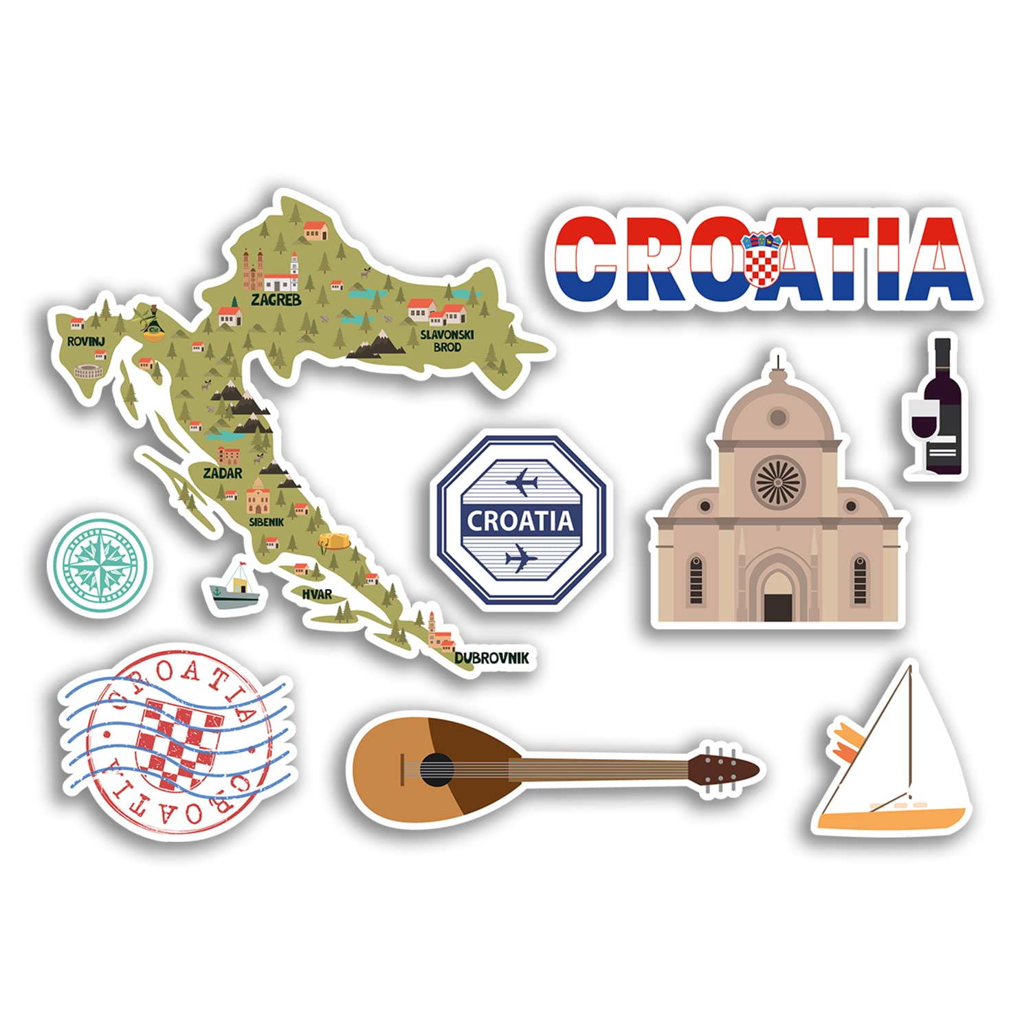 Dv Design Multi A5 Sticker Sheet - Croatia Vinyl Stickers - Croatian Zagreb Landmark Holiday City Country Airport Map Flag Food Sticker #77530