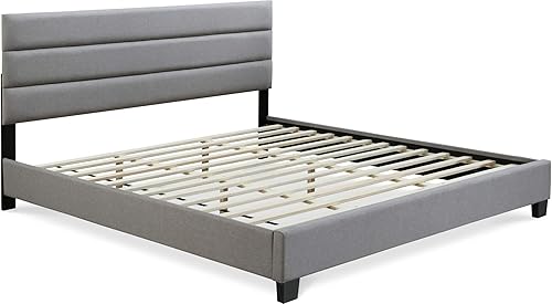 Miniatura 10 de ClickDecor Hudson - Cama de plataforma tapizada con cabecera recta copetuda, base de colchón, no necesita somier, soporte de listones de marco de