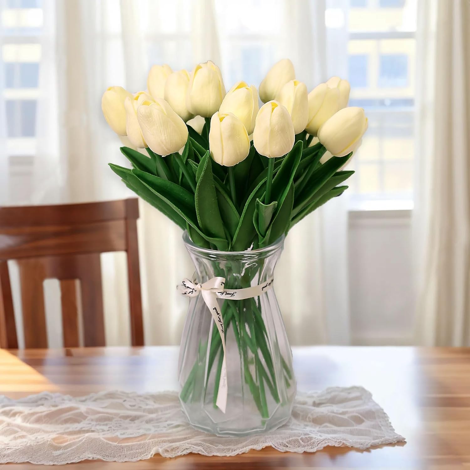 20PCS Realistic Faux Tulips with Bulbs Pink & White Artificial Flowers Bundle for Indoor Outdoor Office, Wedding Easter/Mothers Day Decor, Farmhouse Kitchen Table Centerpiece (Off White)