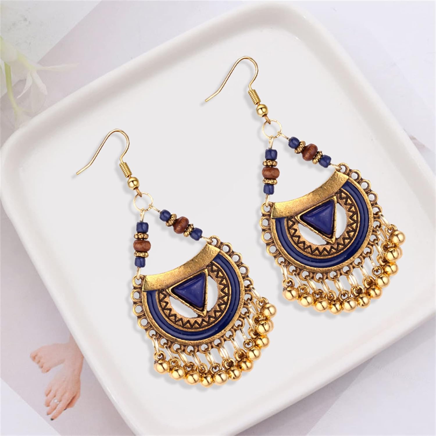 Handmade Bohemian Vintage Gold Bronze Round Flower Geometry Dangle Drop Earrings with Many Teardrop Pendant for Women - Image 3