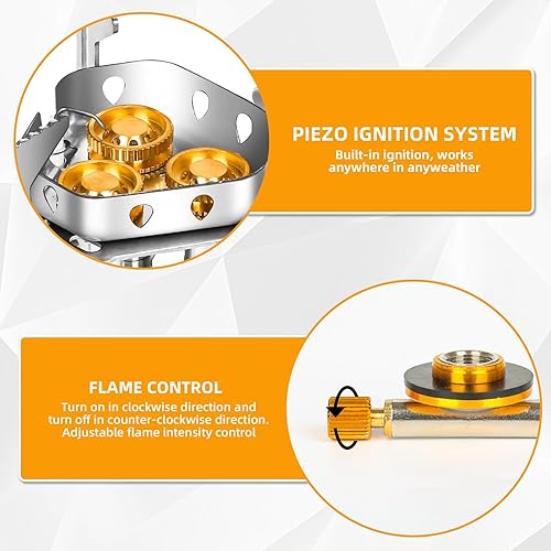 Miniatura 3 de Estufa de gas de campamento resistente al viento de 9900 W, estufa de camping portátil con encendido piezoeléctrico, adaptador de tanque de propano