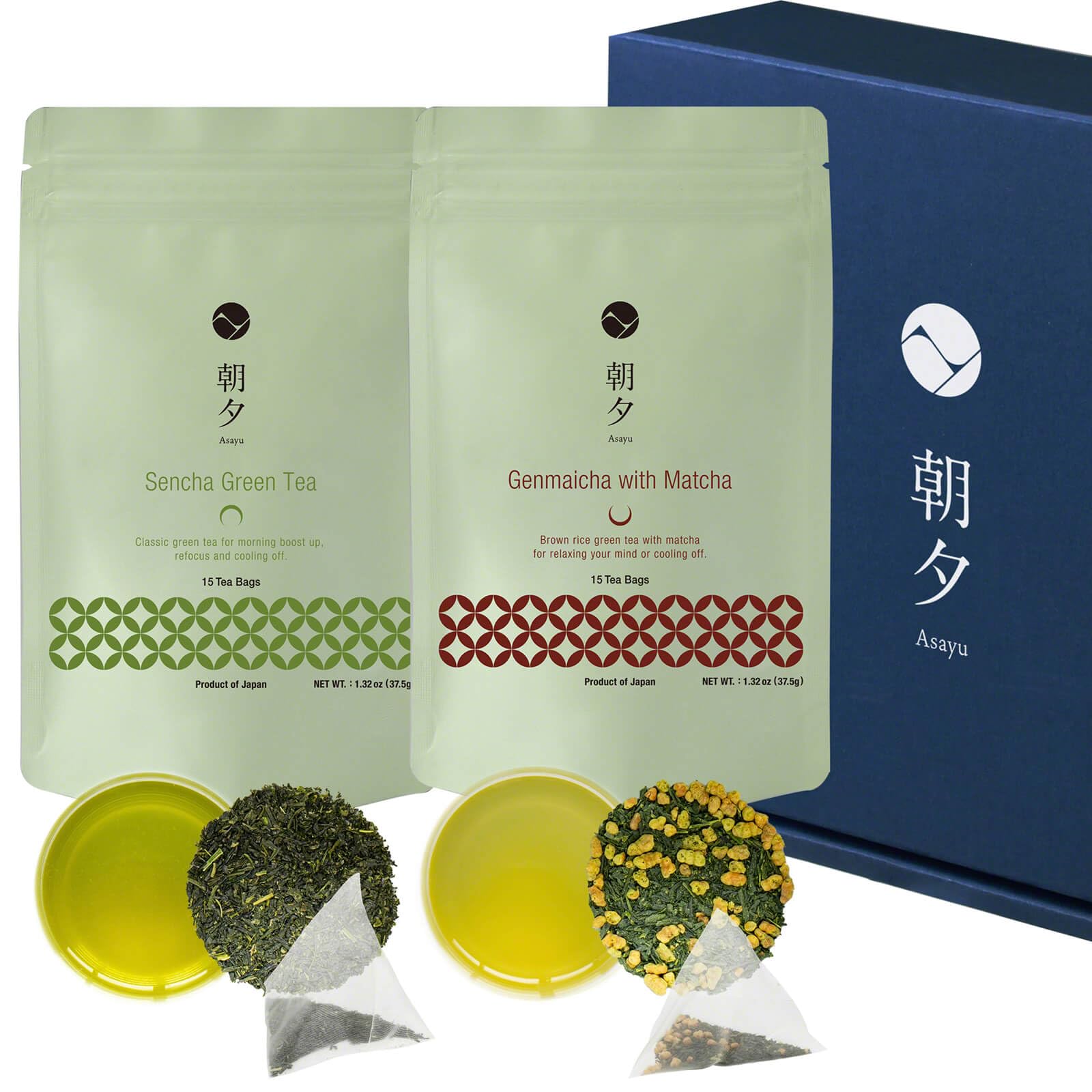 Asayu Japan Set de Té Verde - Green Boost Gift Set (Sencha y Genmaicha con Matcha) 30 Bolsitas, Hecho en Japón, para Relajación y Concentración