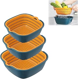 Juego de 6 coladores de cocina multifunción, 2 en 1, colador de plástico, colador de pasta, cesta de drenaje de doble capa, para frutas, verduras, arroz, color azul y amarillo