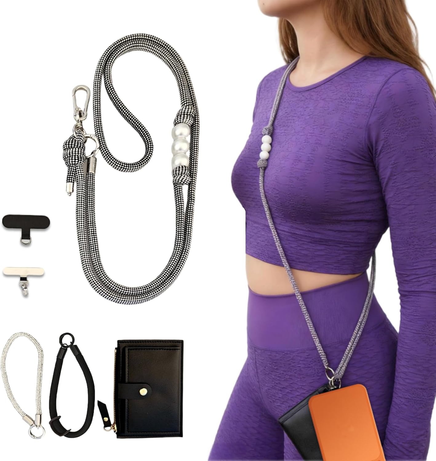 Phone Lanyard Crossbody with Wallet, Crystal Phone Strap, Pearl Phone Straps for the Girl, Adjustable Anti Theft Cellphone Lanyard for Women (Black)