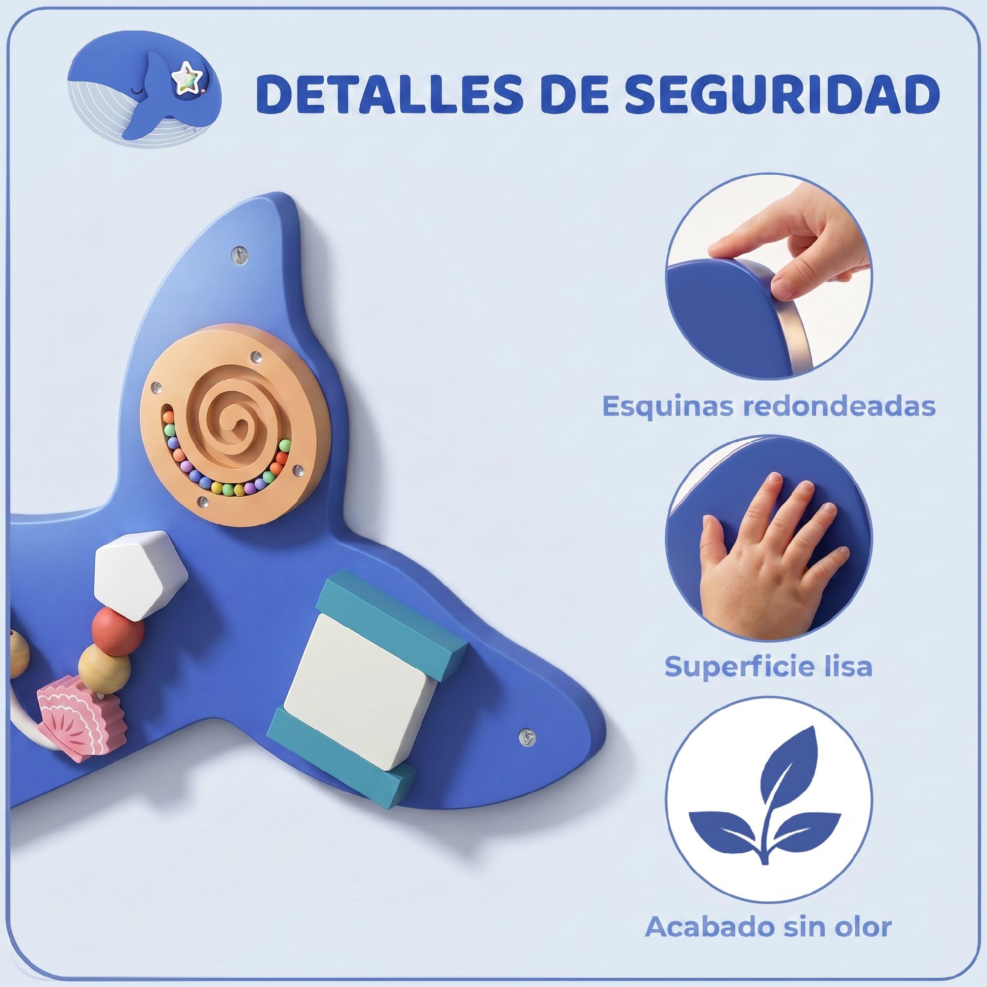 AIYAPLAY Tablero Sensorial Montessori Tema Ballena 13 en 1 de Pared Azul | Busy Board, Panel Sensorial Montessori, Juguetes de Aprendizaje, para Niños y Niñas +2 Años