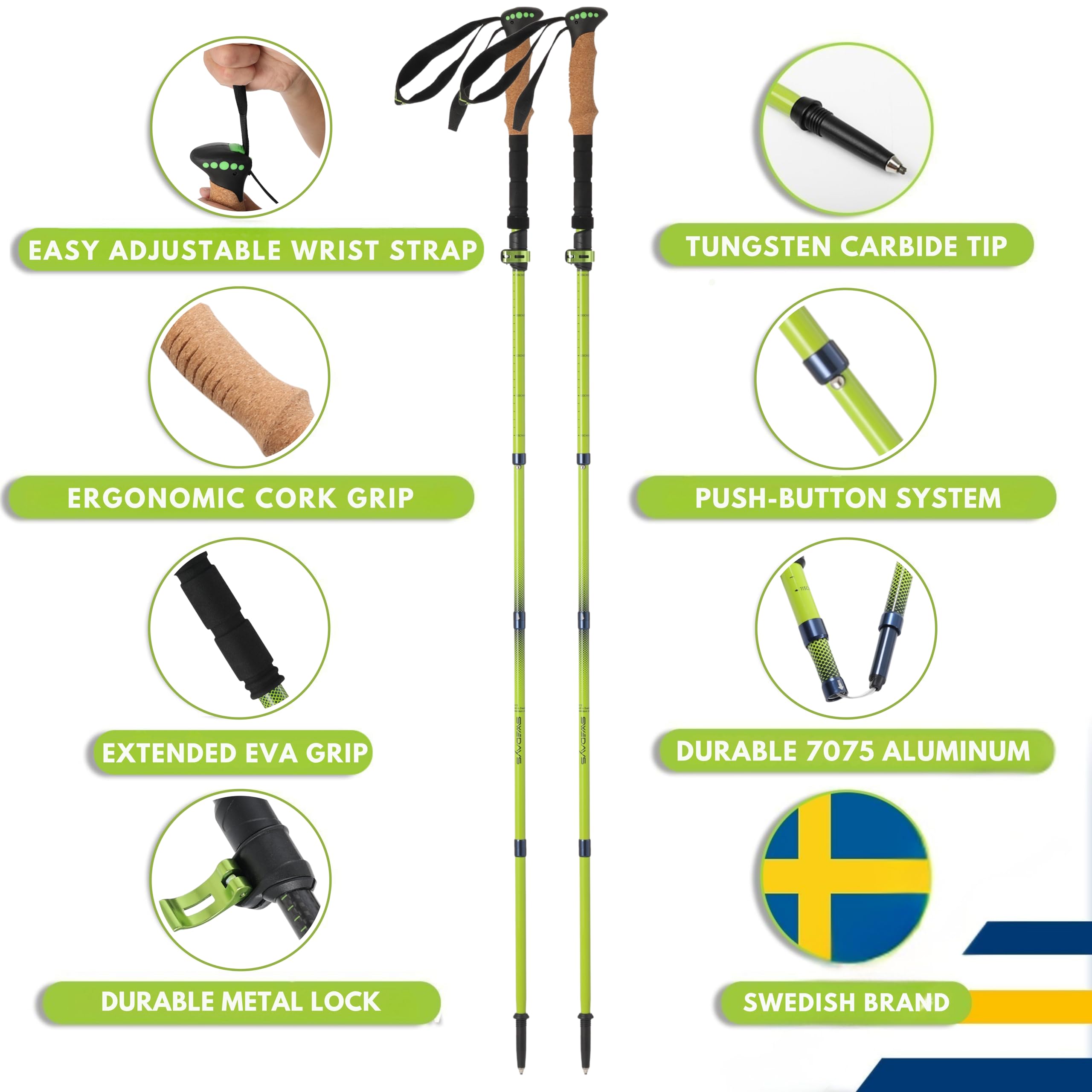 Kijki trekkingowe, składane, dla kobiet i mężczyzn, kijki trekkingowe, lekkie i regulowane, 115-135 cm, aluminiowe kijki trekkingowe z korkowym uchwytem i gumowym odbojnikiem