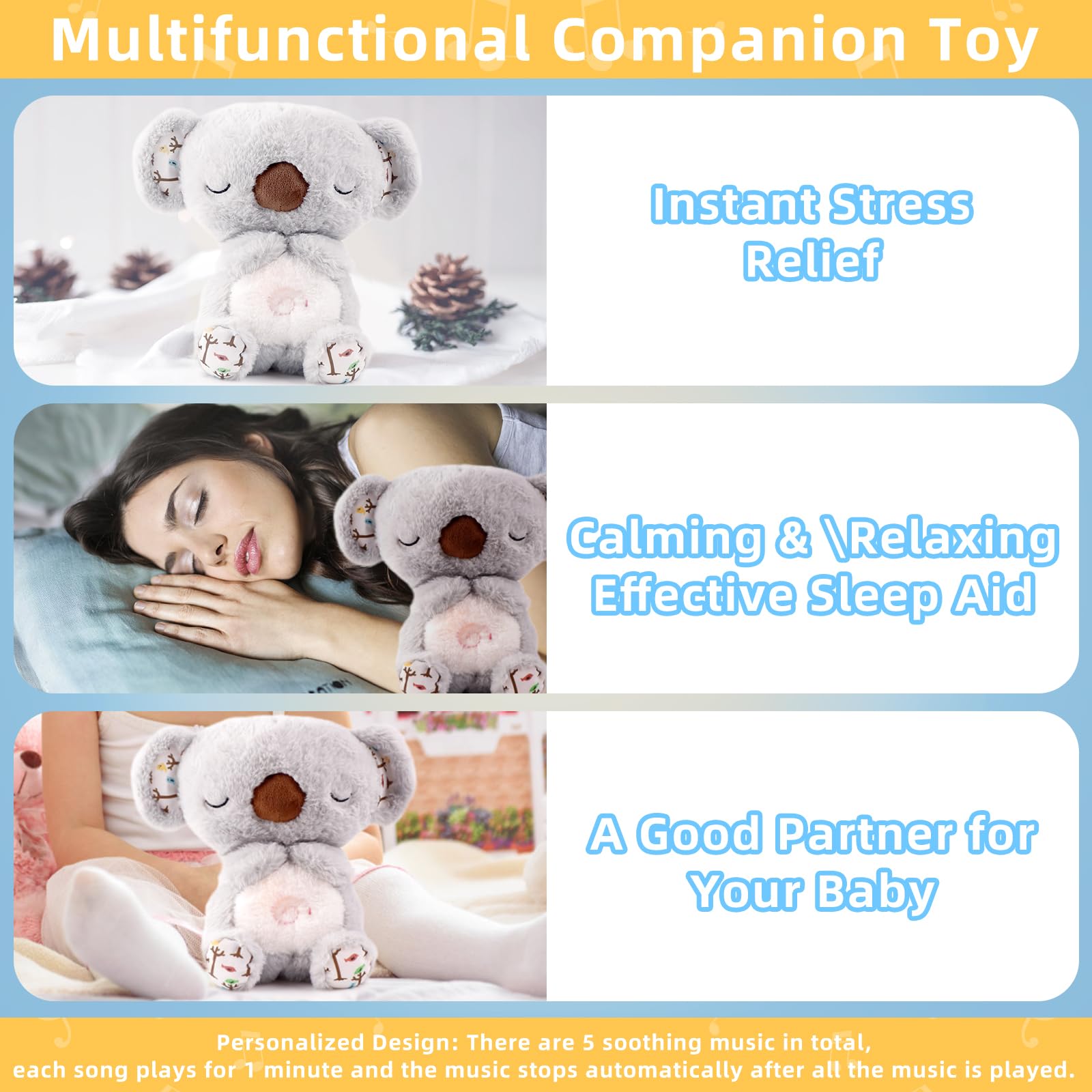 Niaetuto Koala Rilassante,Lontra Che Respira,Peluche Che Respira Con 5 Musica,Suoni,Luci e Movimento Respiratorio,Peluche Koala Calmante per Bambini Compagno Di Sonno,Ideale Regalo Neonato
