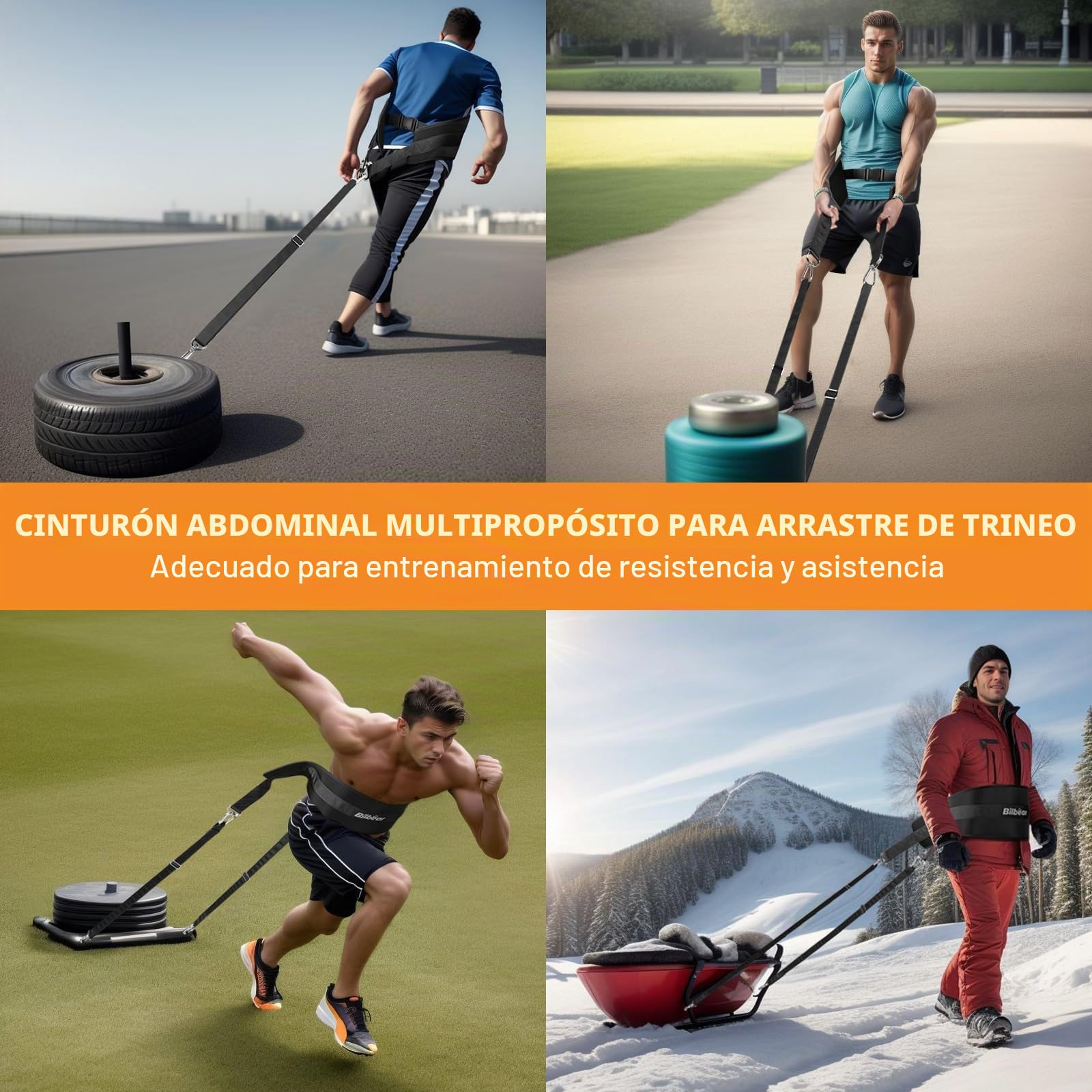 Cinturón de tracción de trineo, cinturón de entrenamiento ajustable para trineo, cinturón para tirar con 2 correas de tracción y 4 ganchos, cinturón de tracción de peso para tirar de
