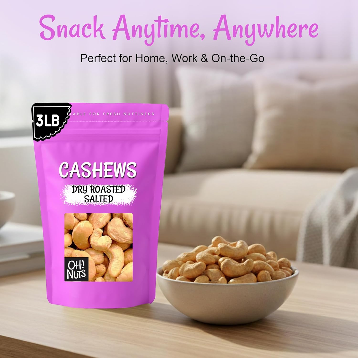 Oh! Nuts Cashews Roasted Salted - 3 lb - Oven Dry Roasted Cashews - Packed in New York Zip-Seal Bag for Exceptional Freshness
