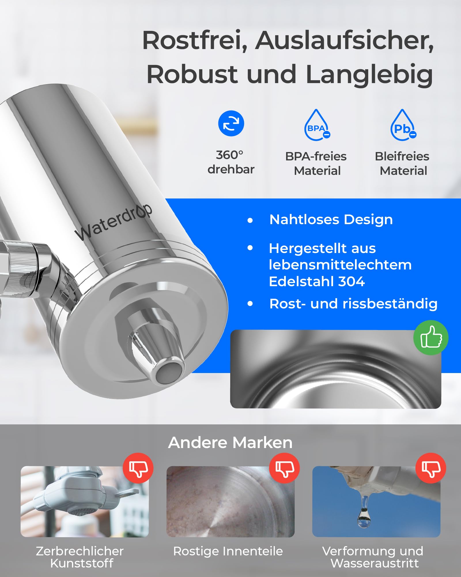 Waterdrop WD-FC-06 Wasserhahn aus Rostfreiem Stahl, Kohleblock Wasserfiltersystem, Leitungswasserfilter, Entfernt Chlor, Schwermetalle und Schlechten Geschmack (4 Filter Enthalten)
