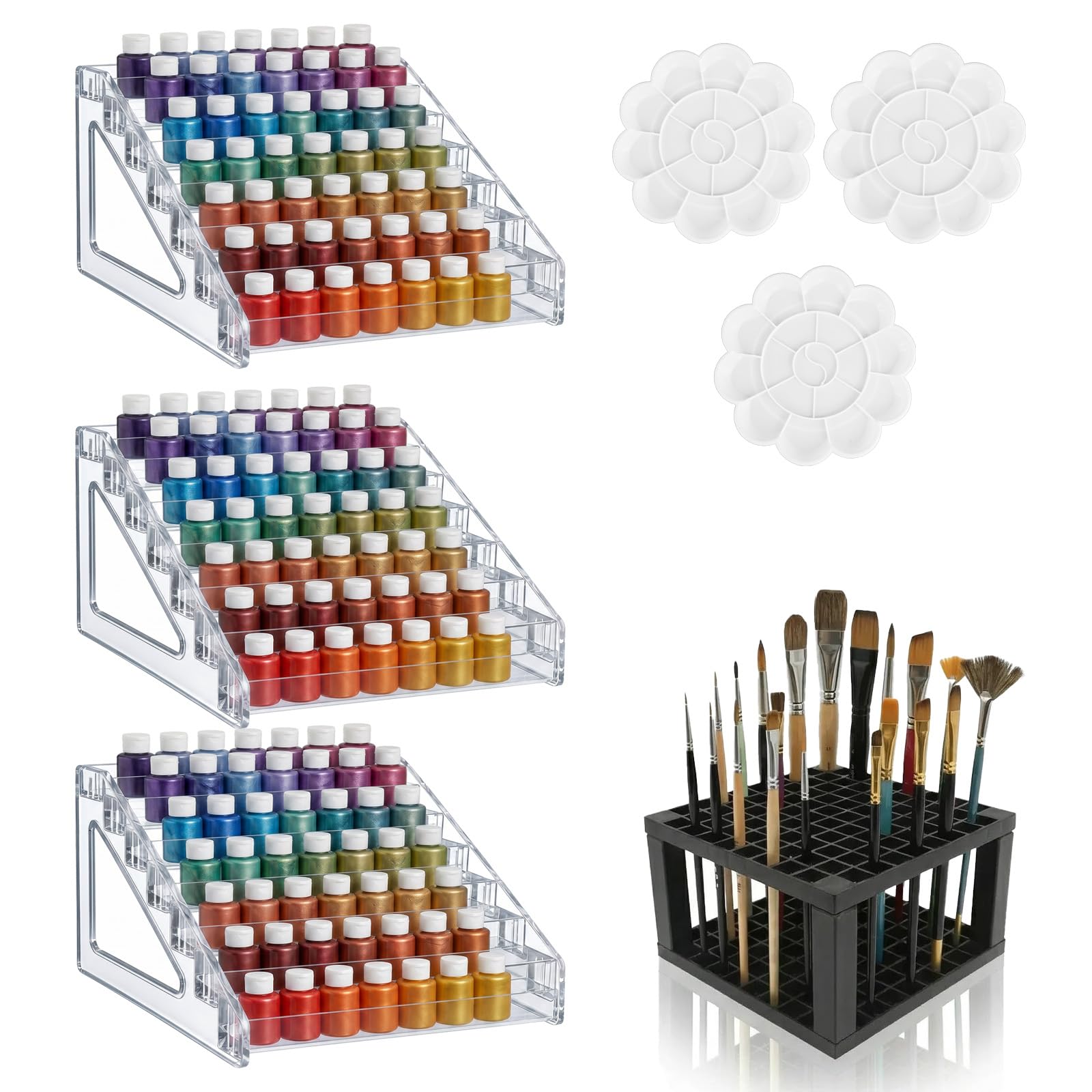 3 Pcs Clear Paint Organizer with Mixing Palettes and Brush Holder, 7 Layers Acrylic Miniature Craft Paint Organizer Rack for Oil, Model Storage