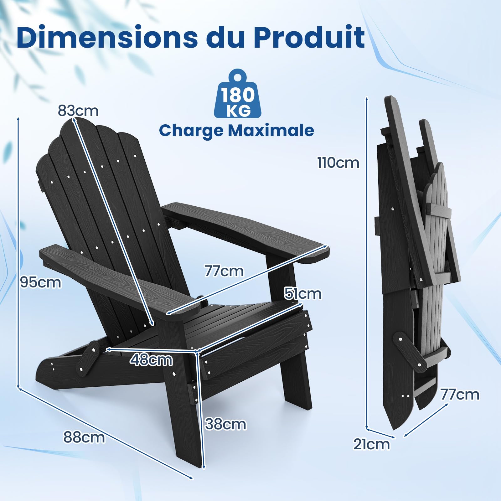 COSTWAY Fauteuil Jardin Exterieur, Chaise Adirondack Pliable, Accoudoirs Large et Dossier Incliné, Vis en Acier Inoxydable, Chaise Longue HIPS pour Jardin Cour, 88 x 77 x 95 cm, Charge 180 kg (Noir)