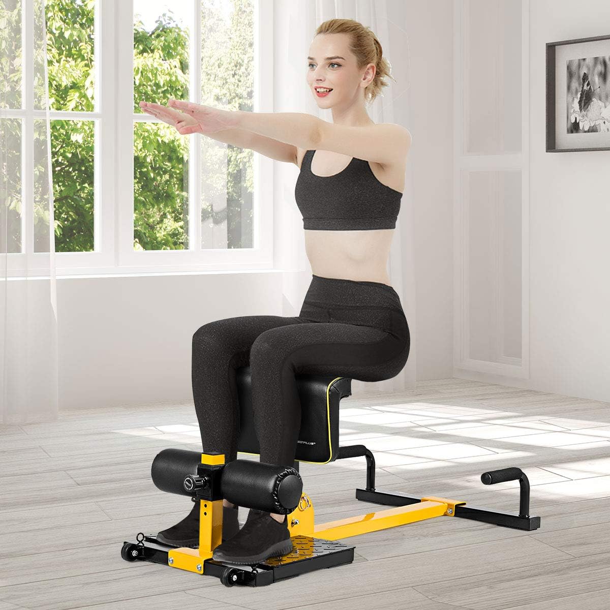 Sissy Squat Machine, 8 in 1 Adjustable Deep Squat Bench for Sit-Up, Push-Up, Elastic Band Lock for Full Body Exercise, Multi-Function Hip Thruster, Compact Glute Workout Equipment for Home Gym