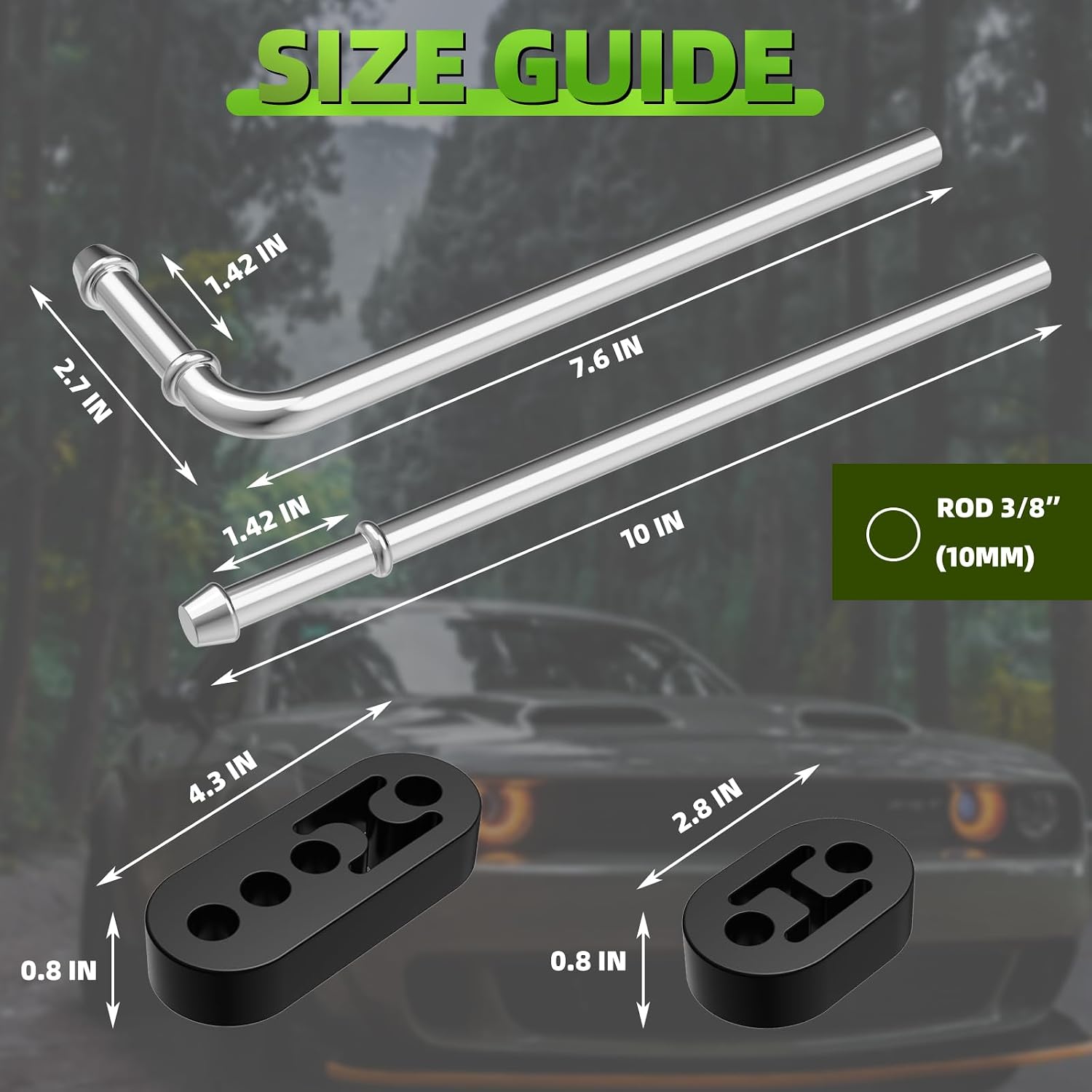 16PCS Rubber Exhaust Hanger Set, Heavy Duty Mild Steel Zinc Coated 3/8" 10mm Rods, 90° 7.6" Bend and Straight 10" Bar, with 2-Hole and 4-Hole Insulator Mounts, for Automotive Replacement